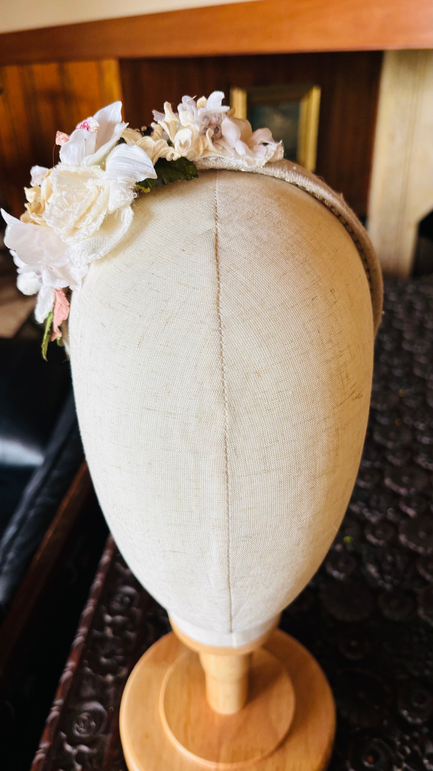 Karin's Garden "White Blooms” one-of-a-kind Tan Linen 1” Comfort Fit Non-Slip Headband. Limited Edition Only one available. Handmade in the USA.