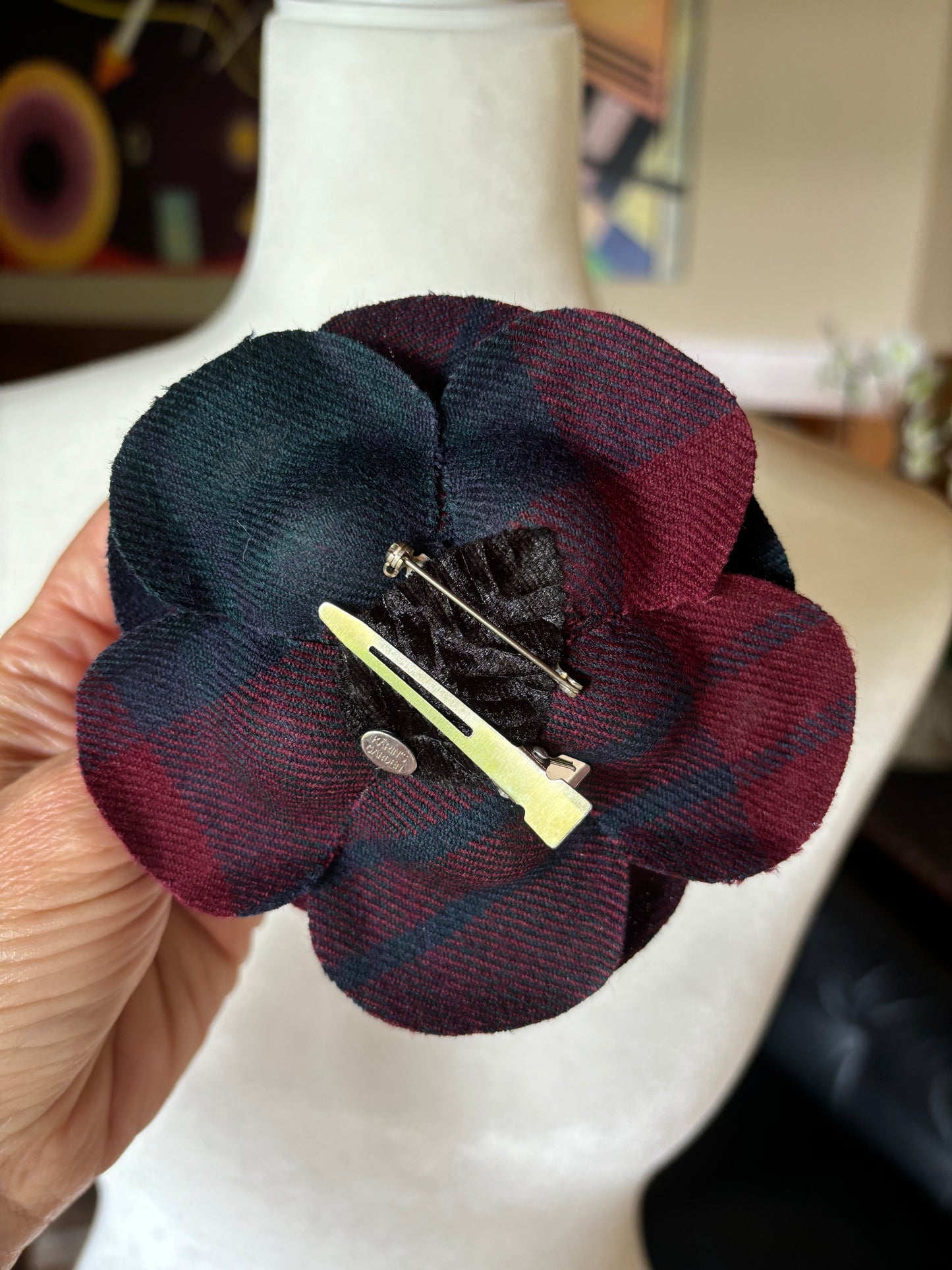 Karin's Garden Anna 4" Navy Hunter Wool Plaid Classic Black Watch Rose Pin & Clip Duo. 100% Wool from England.