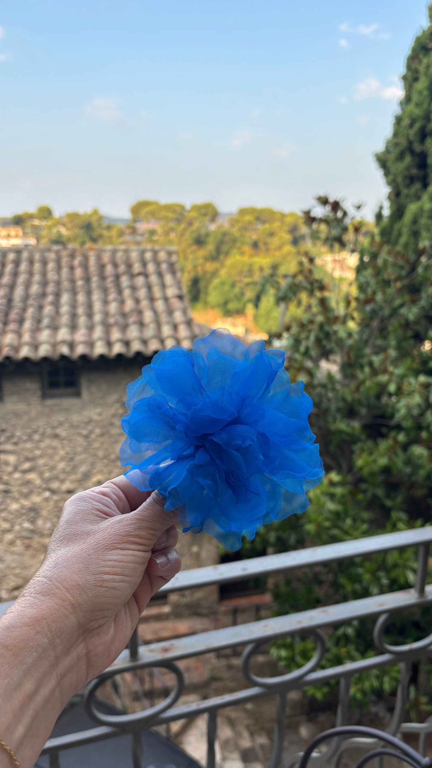 Karin's Garden "Harper" 4" Silk Royal Blue Organza Gardenia Pin Brooch & Clip. Handmade in the USA. Pin or Clip into hair, onto dress, lapel, handbag and more.