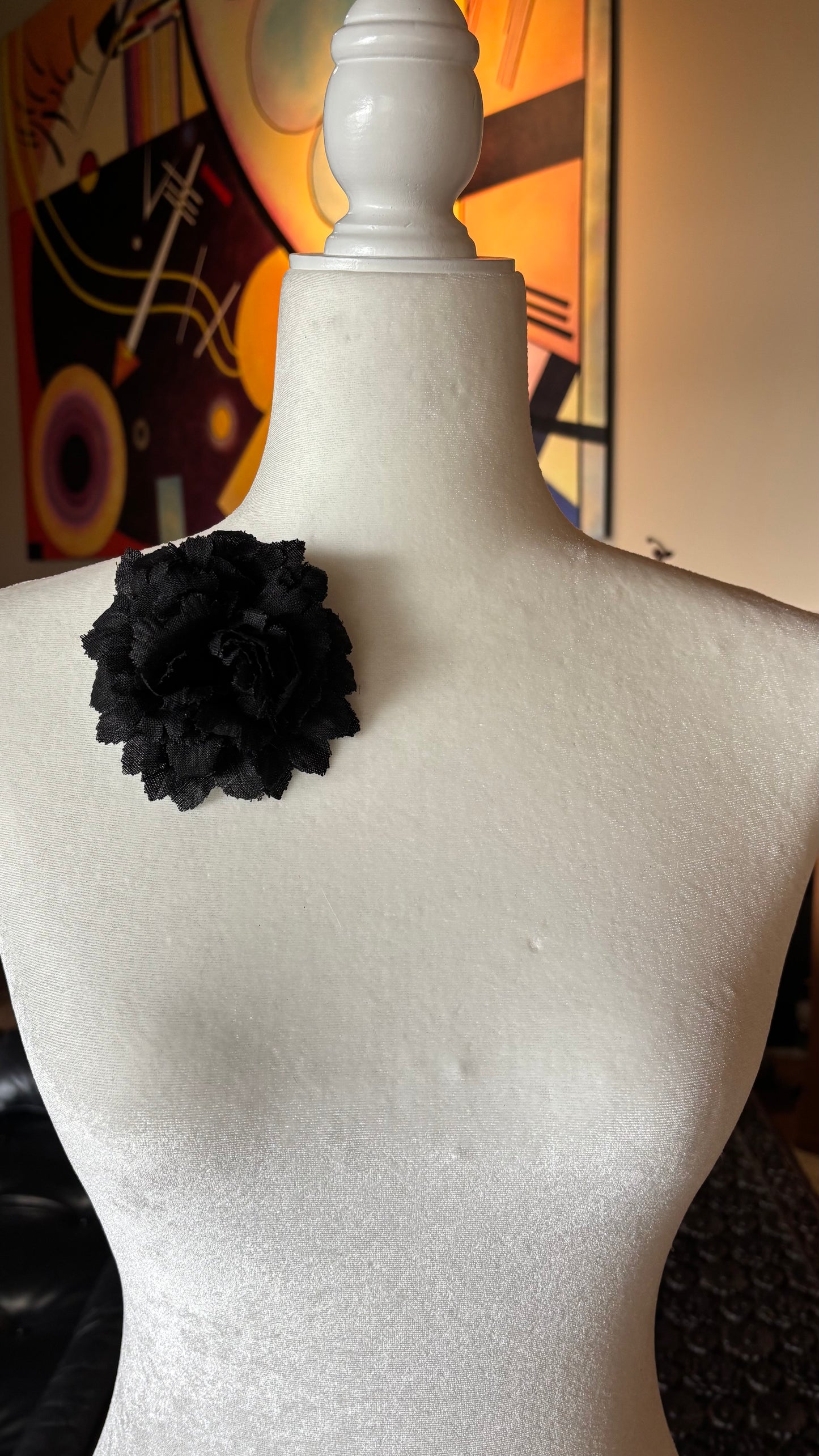 Karin's Garden 3" Black Linen Carnation Flower Pin Brooch and Clip. Made in the USA
