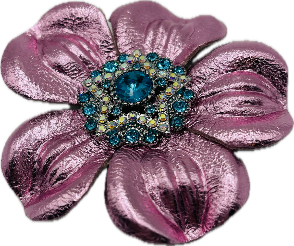 Big Sky Rodeo Glam Pink & Blue Leather Crystal Star Pin & Clip, 2 1/2"