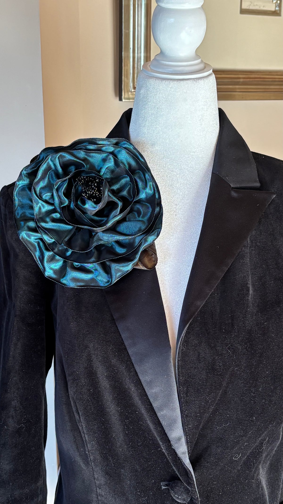 Francesca Teal French Taffeta Flower Pin & Clip, 7"