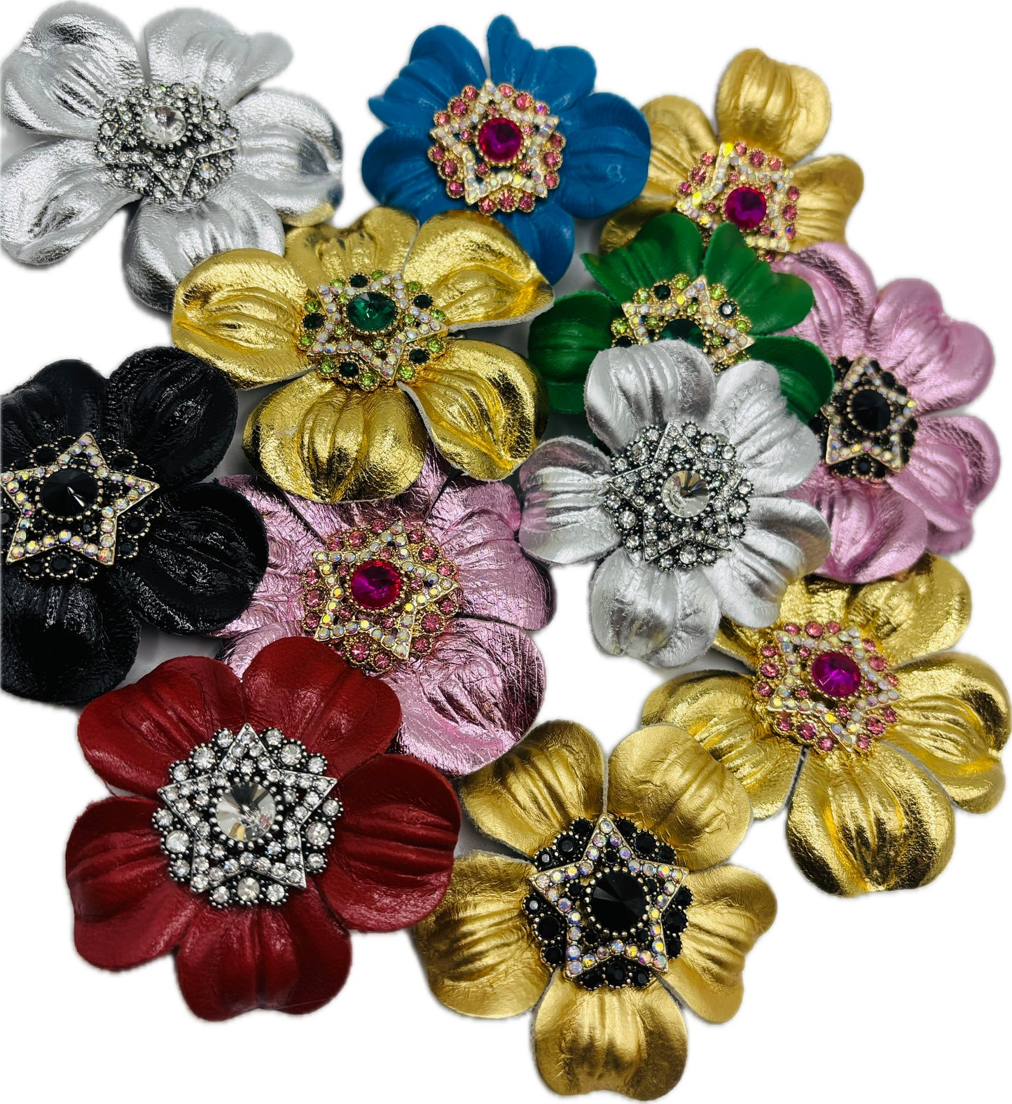 Karin's Garden 2 1/2” Big Sky Rodeo Glam Leather Crystal Star Pin & Clip. Clip onto necklace, dress, lapel, hat and more.