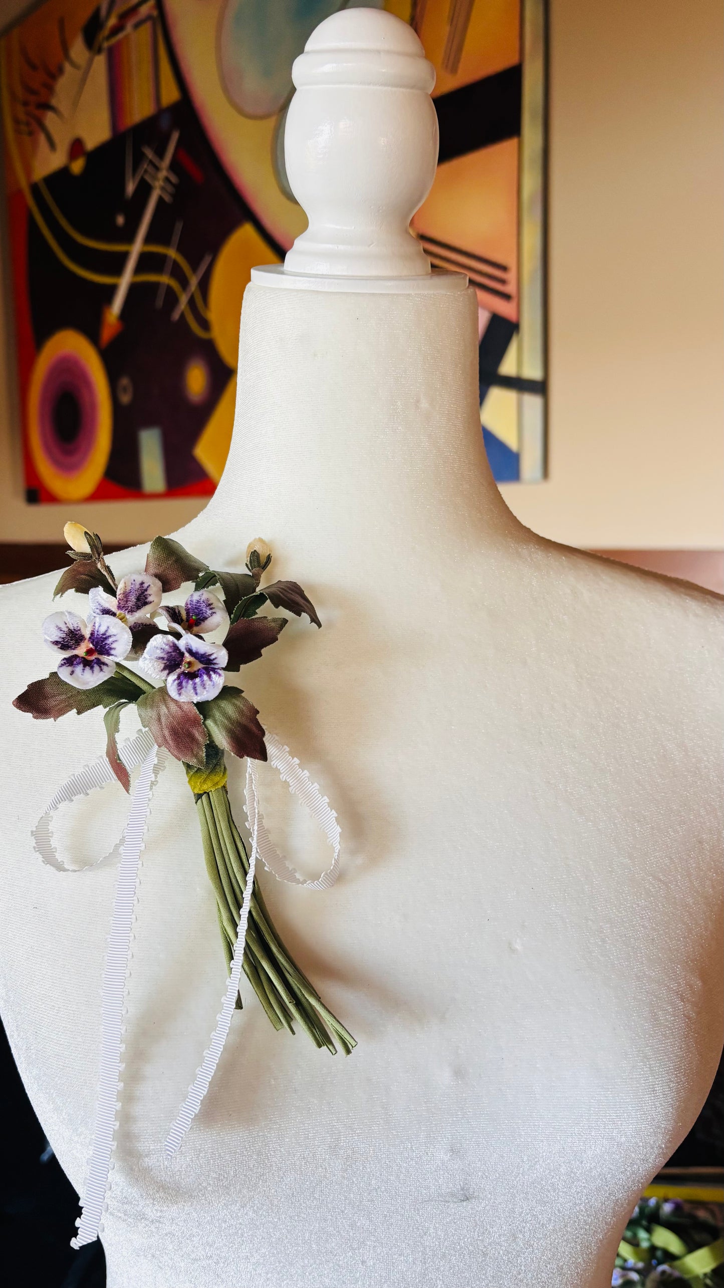 Violet White Vintage Velvet Pansy Pin with Bow