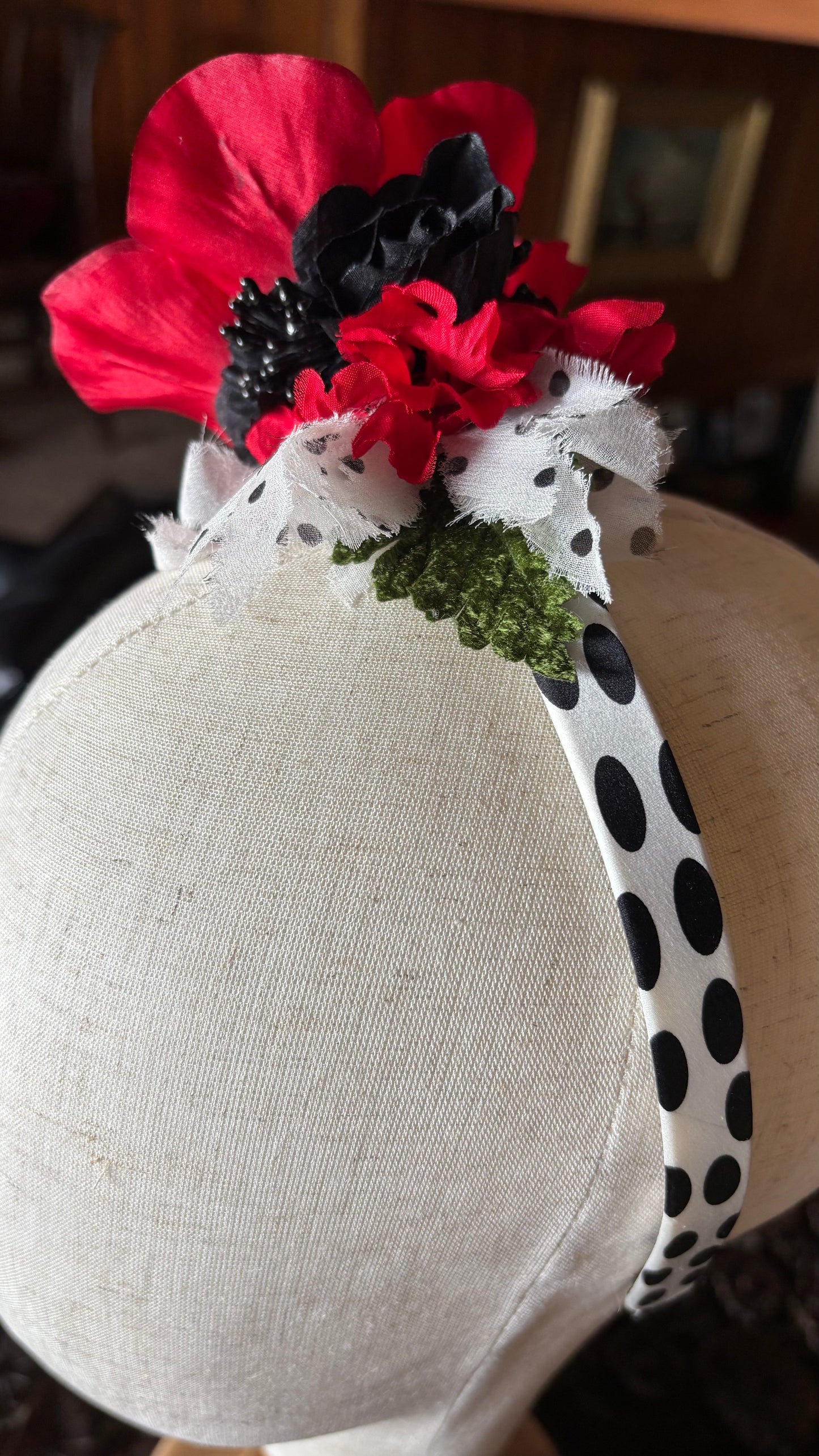 Vintage Poppy One-of-a-Kind Black & White Silk Headband, 3/8"