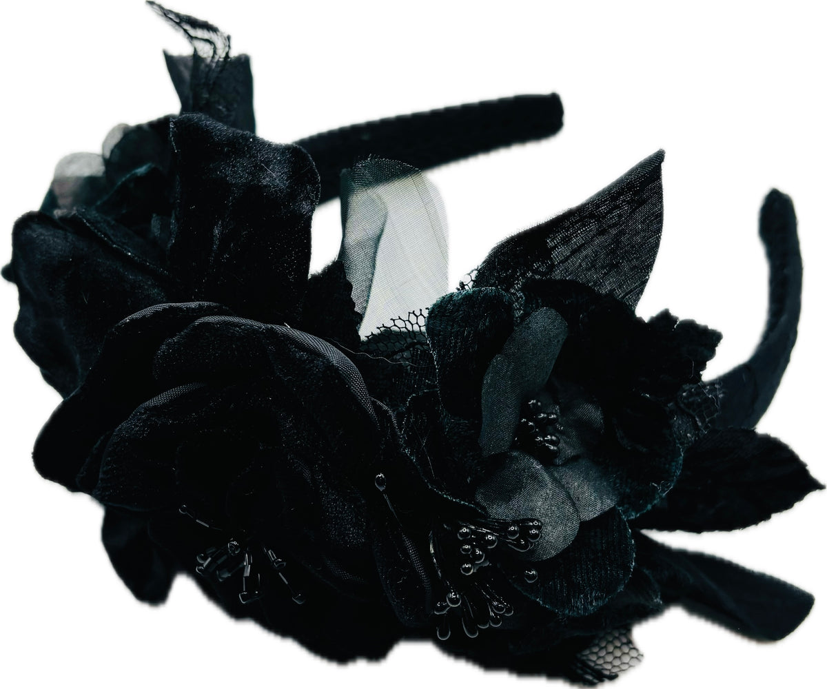 Night Fall Black Blooms Headband, 1" – One of a Kind