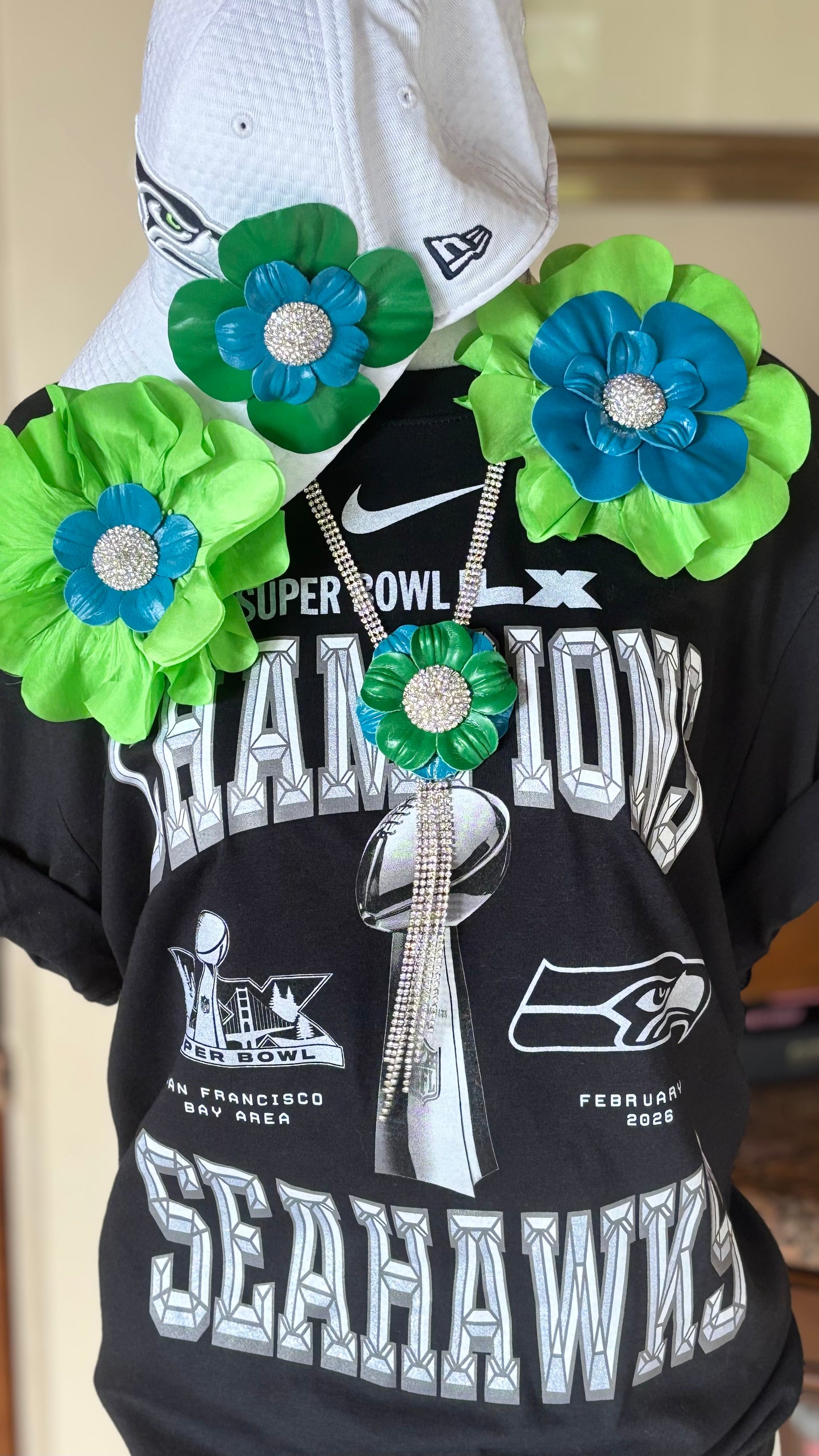 "Min" Seattle Seahawks Leather Camellia Brooch Clip. 4" Clip or Pin to Scarf, Into Hair, on lapel, dress, hat and more. Handmade in the USA.