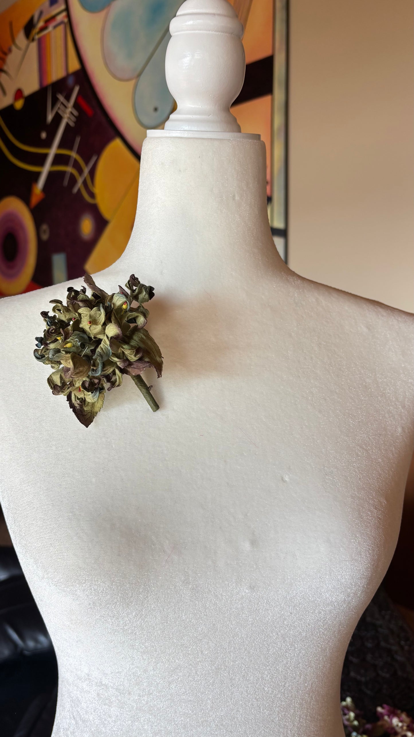 Ivy Antique Blue & Taupe Hydrangea Brooch, 4"