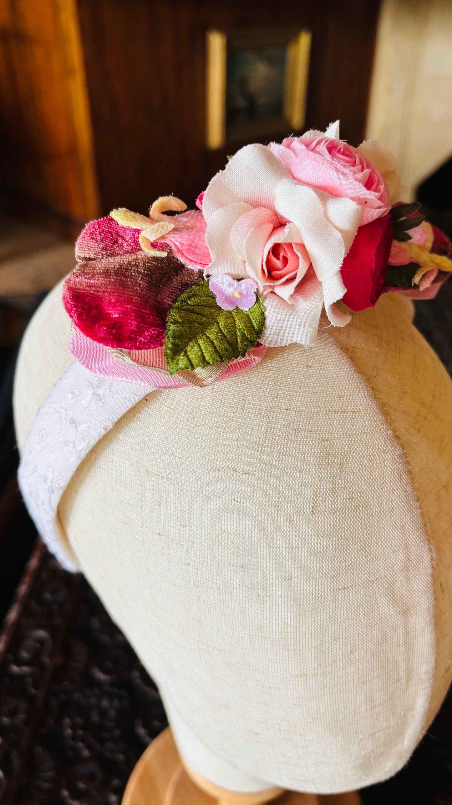 Cordelia One-of-a-Kind Pink & White Embroidered Headband, 1"