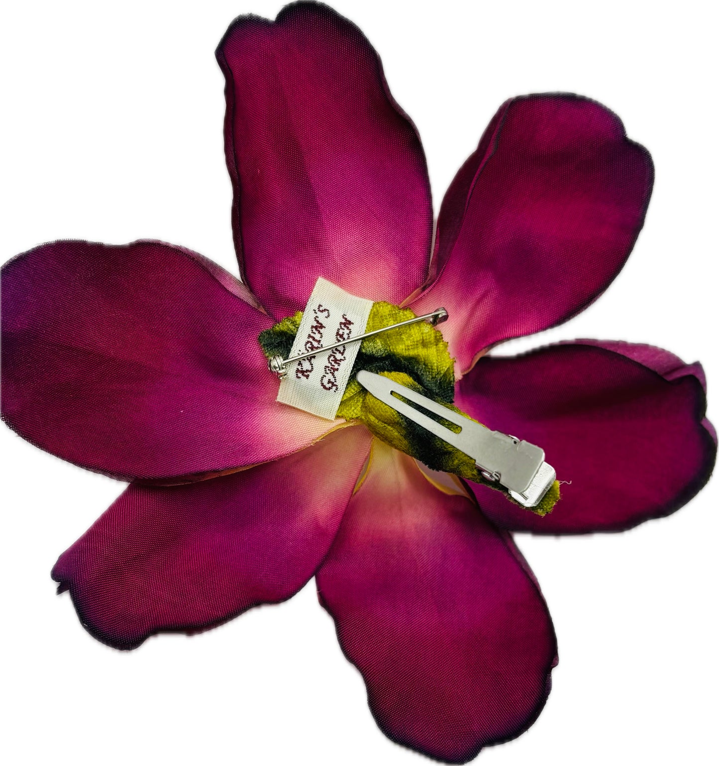 "Clementine" 4" Silk Clematis Red Brooch and Clip. Karin's Garden. Bendable Petals. Pin or Clip into hair, onto dress, lapel, handbag and more.