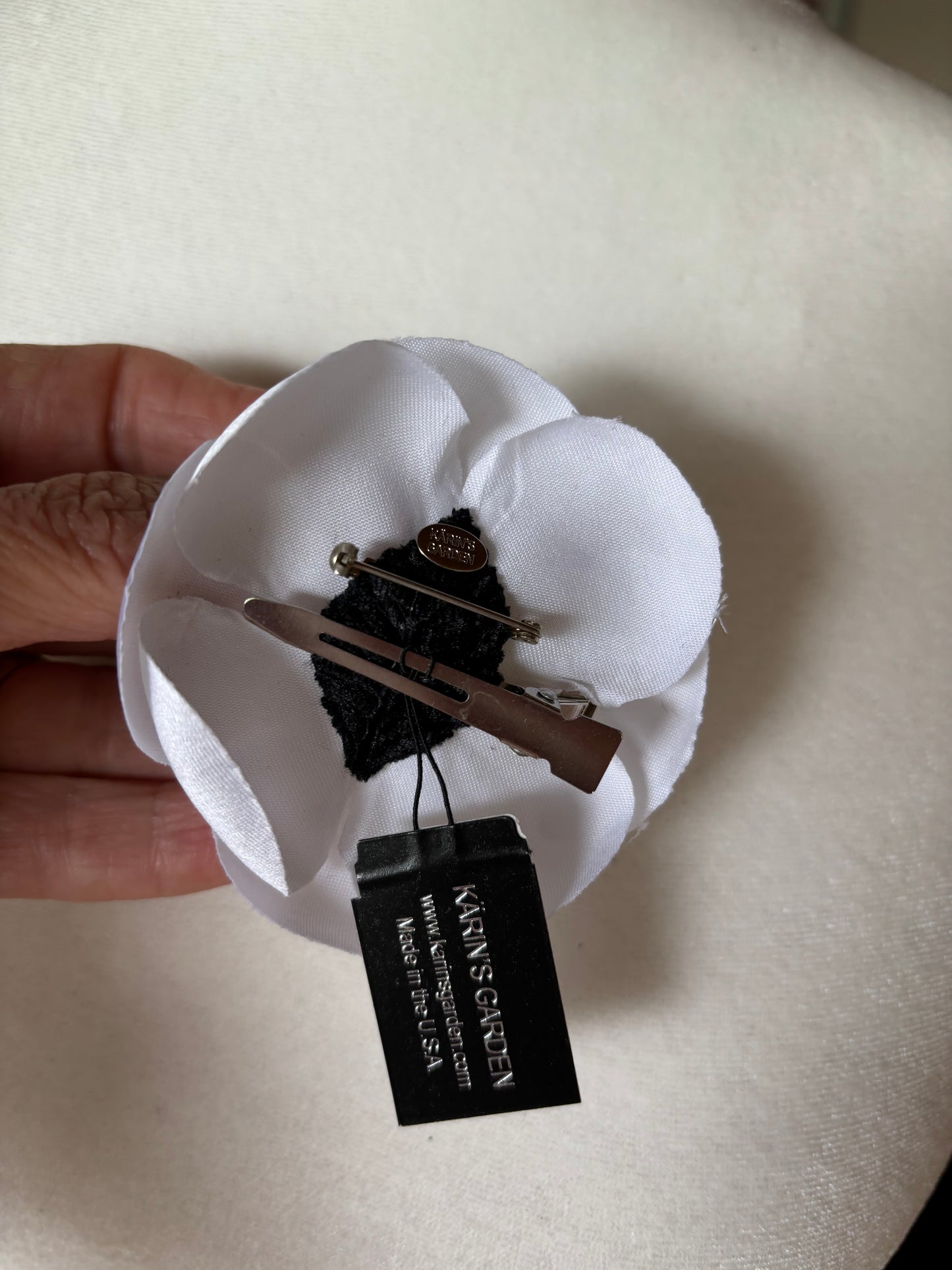 Camille White Silk Satin Camellia Brooch & Clip, 3"