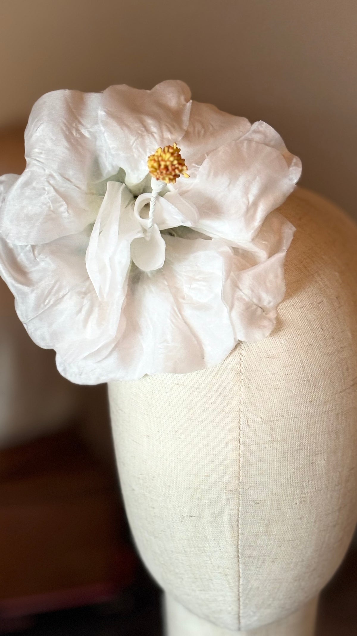 Caterina White Vintage GDR Silk Hibiscus Brooch & Clip, 6"