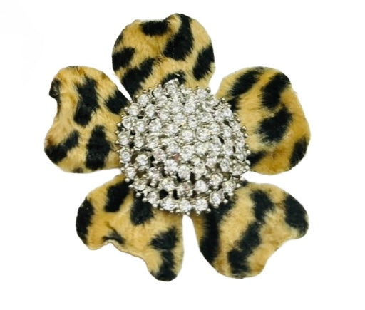 Faux Leopard Print Petite Flower Pin & Clip with Crystal Center, 2.25"