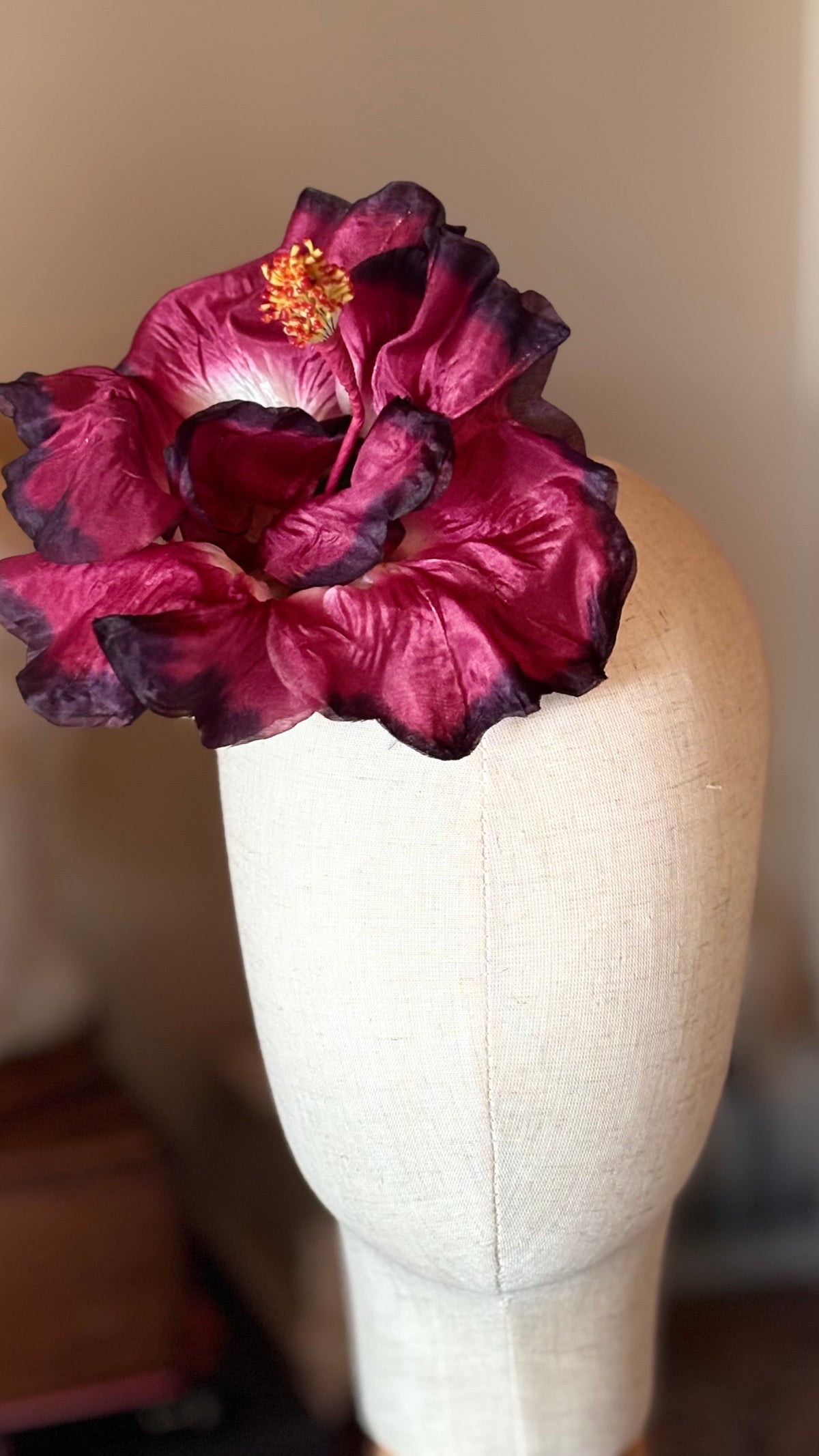 Caterina Wine Vintage GDR Silk Hibiscus Brooch & Clip, 6"