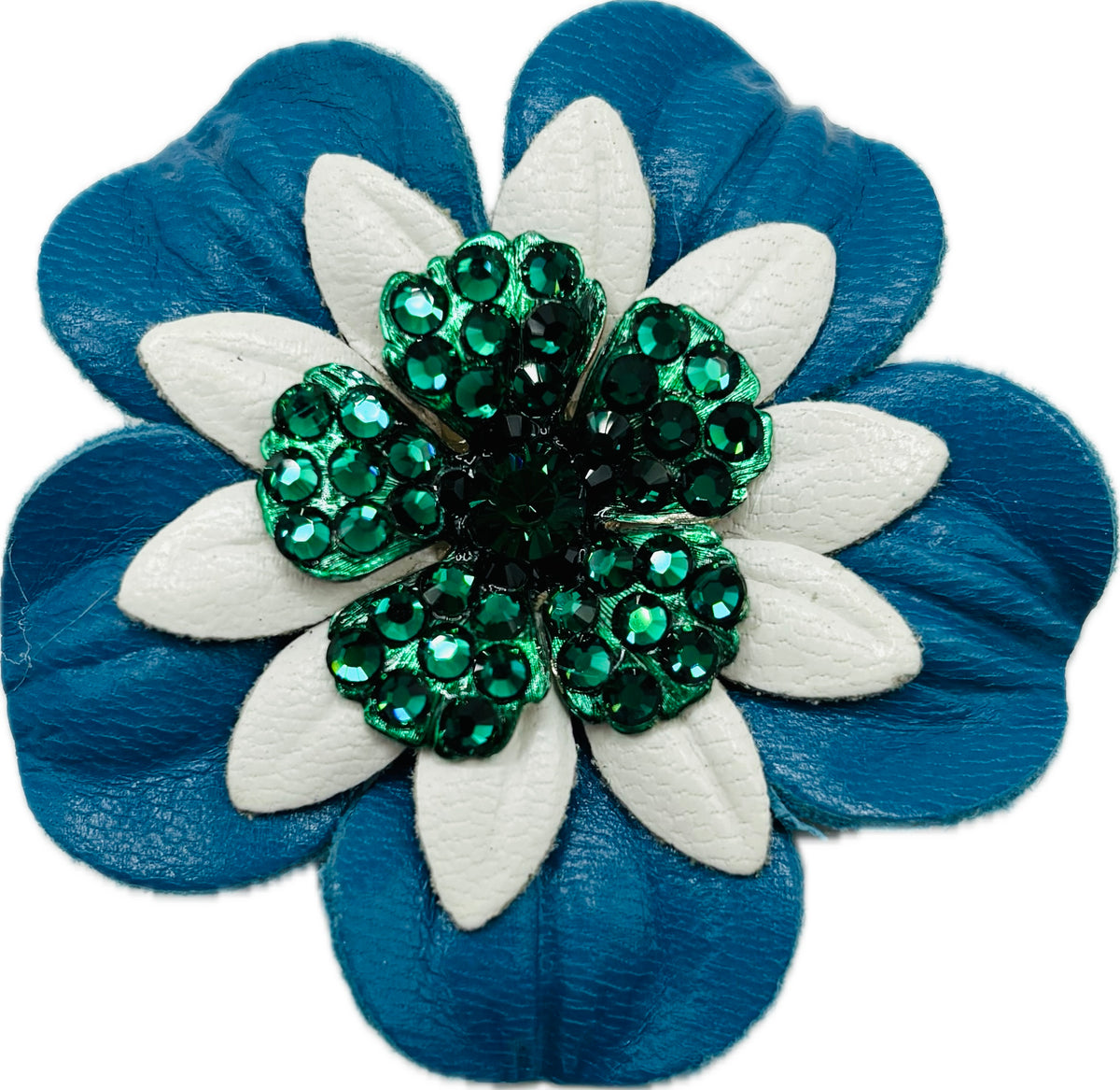 Seahawks Petite Leather Flower Pin & Clip with Green Crystals, 2.25"