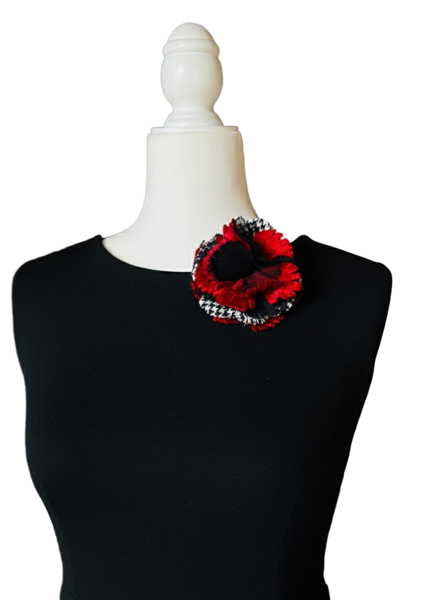 Brooke Red, White & Black Houndstooth & Lace Flower Pin & Clip, 3"