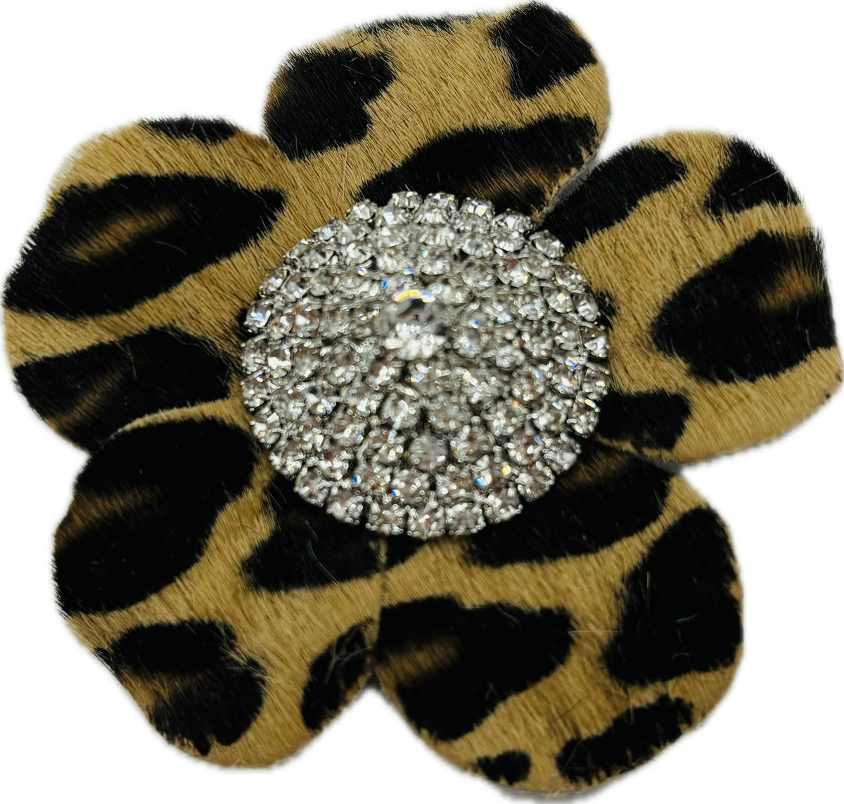 Samantha Mini Leopard Print Leather Clip with Crystal Center, 2.25"
