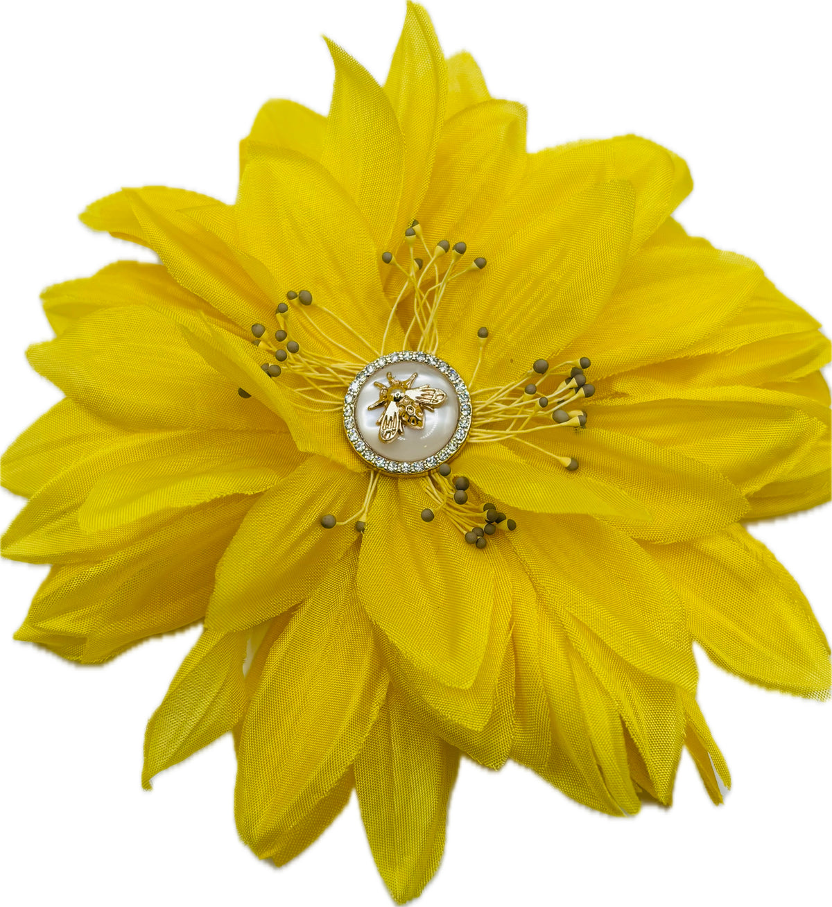 Yellow Vintage Sunflower with Bee & Crystal Center Pin & Clip, 5"