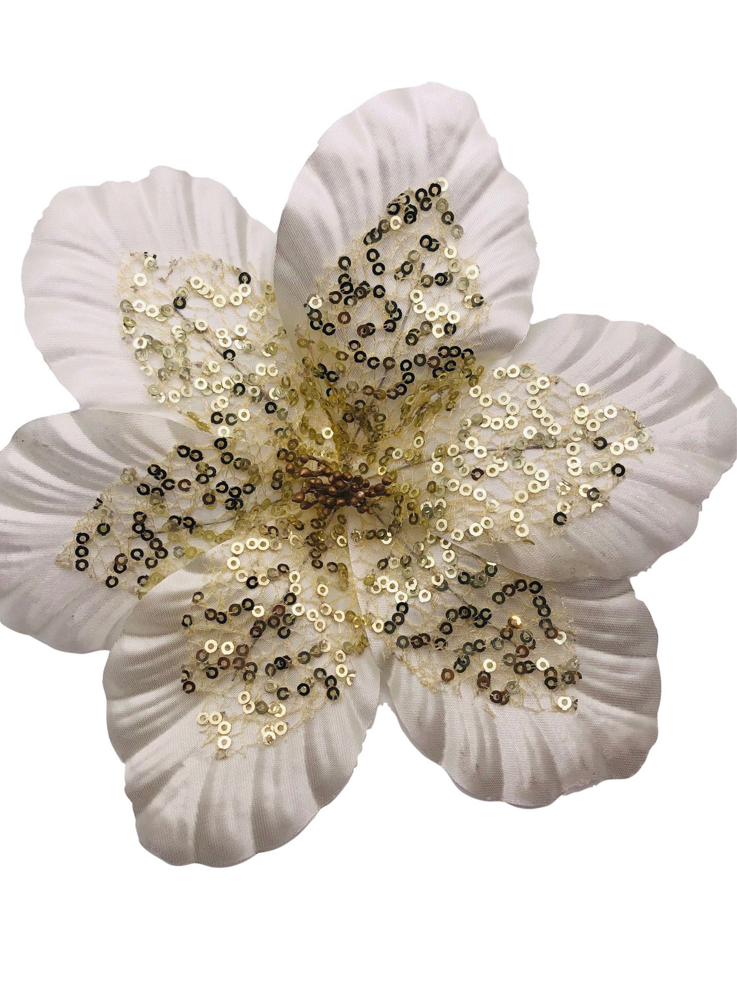 Sequin Hibiscus Brooch and Clip in Black Gold 6" Pin or Clip onto dress, lapel, into hair and more