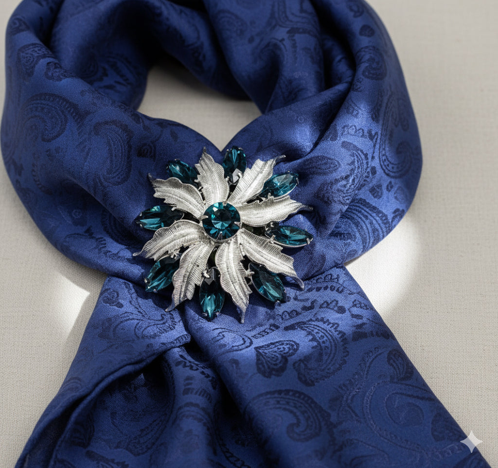 “Ingrid” Brooch in Blue. 2" - Made in the USA. Pin to your lapel, dress, scarf, hat and more. Wear one or multiple.