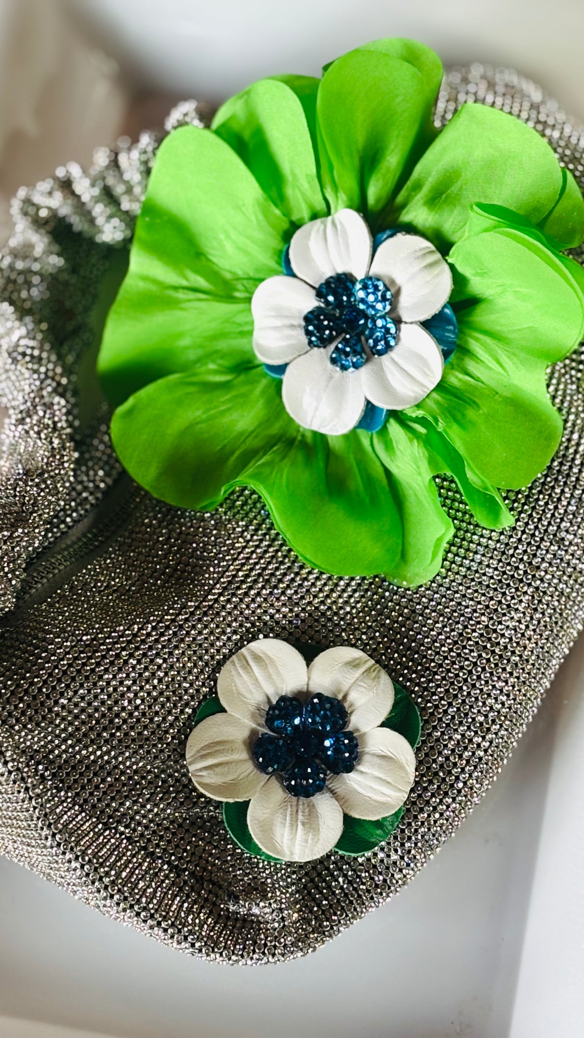 Seahawks Lime Silk Poppy with White Leather & Crystal Center, 4.5"