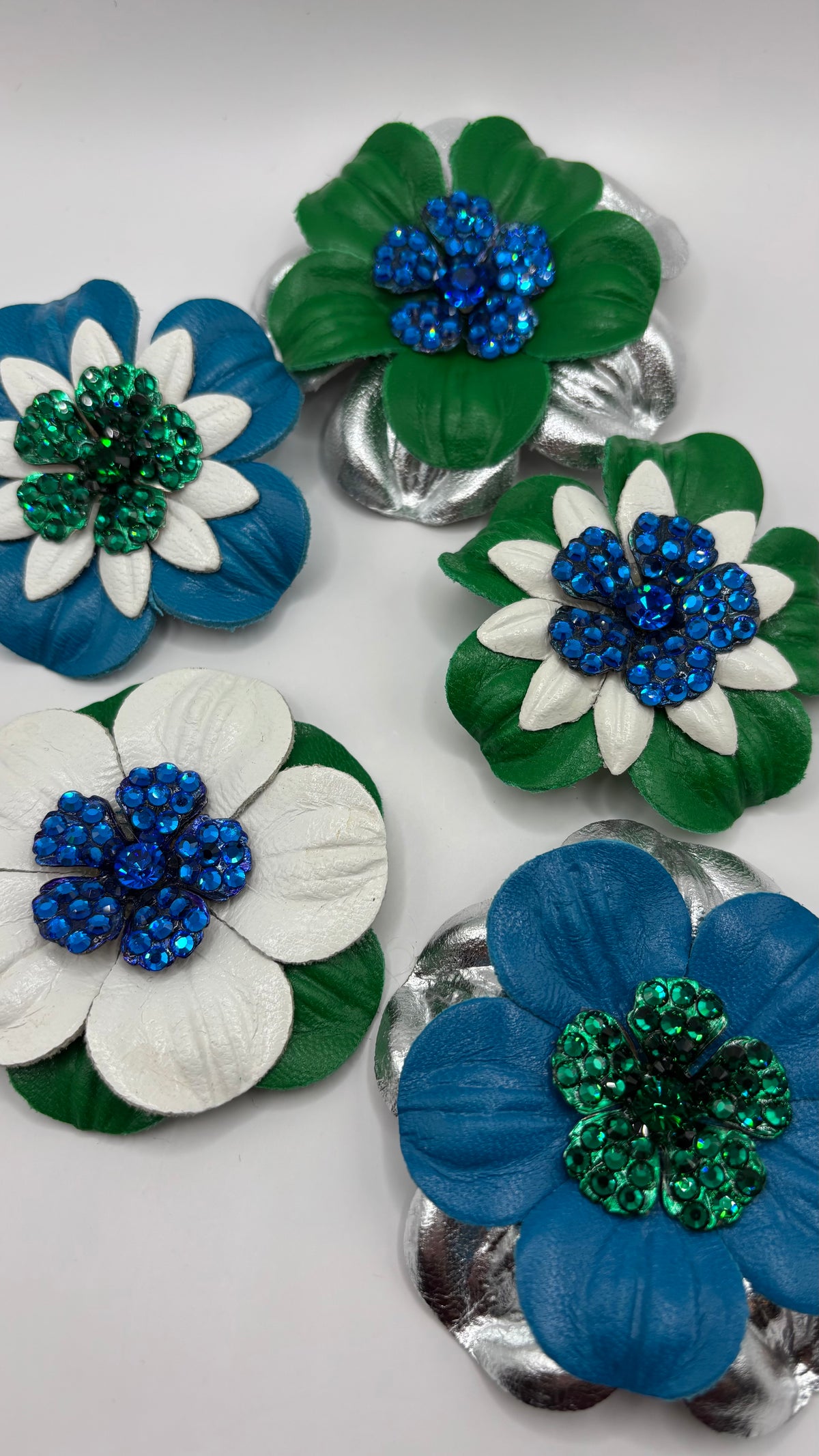Seahawks White & Blue Petite Leather Crystal Flower Pin & Clip – No. 2