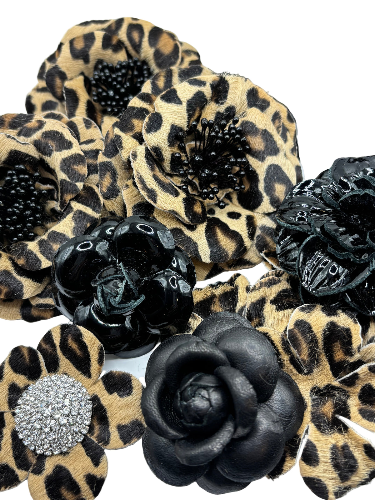 Samantha Mini Leopard Print Leather Clip with Crystal Center, 2.25"