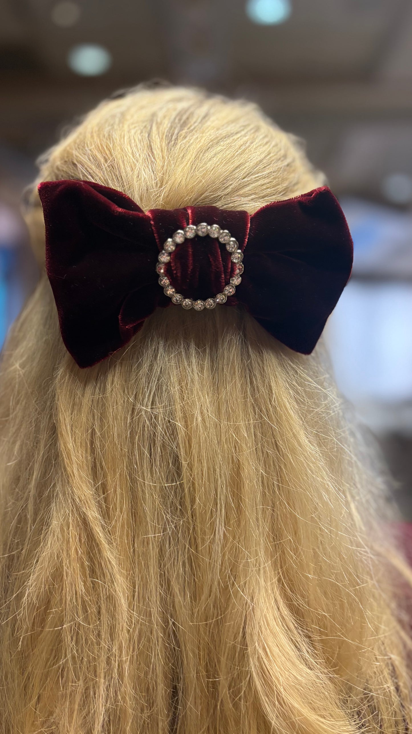 Wine Velvet Bow & Rhinestone Center Hair Clip. Karin's Garden: Made in the USA. Approx 4 1/2" x 3".