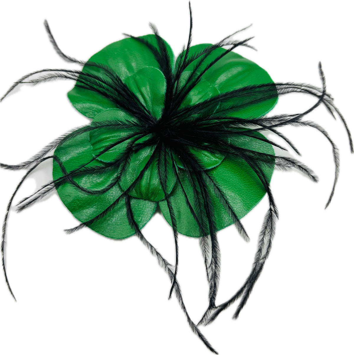 Min Green Leather Camellia & Ostrich Brooch & Clip, 4" – Handmade