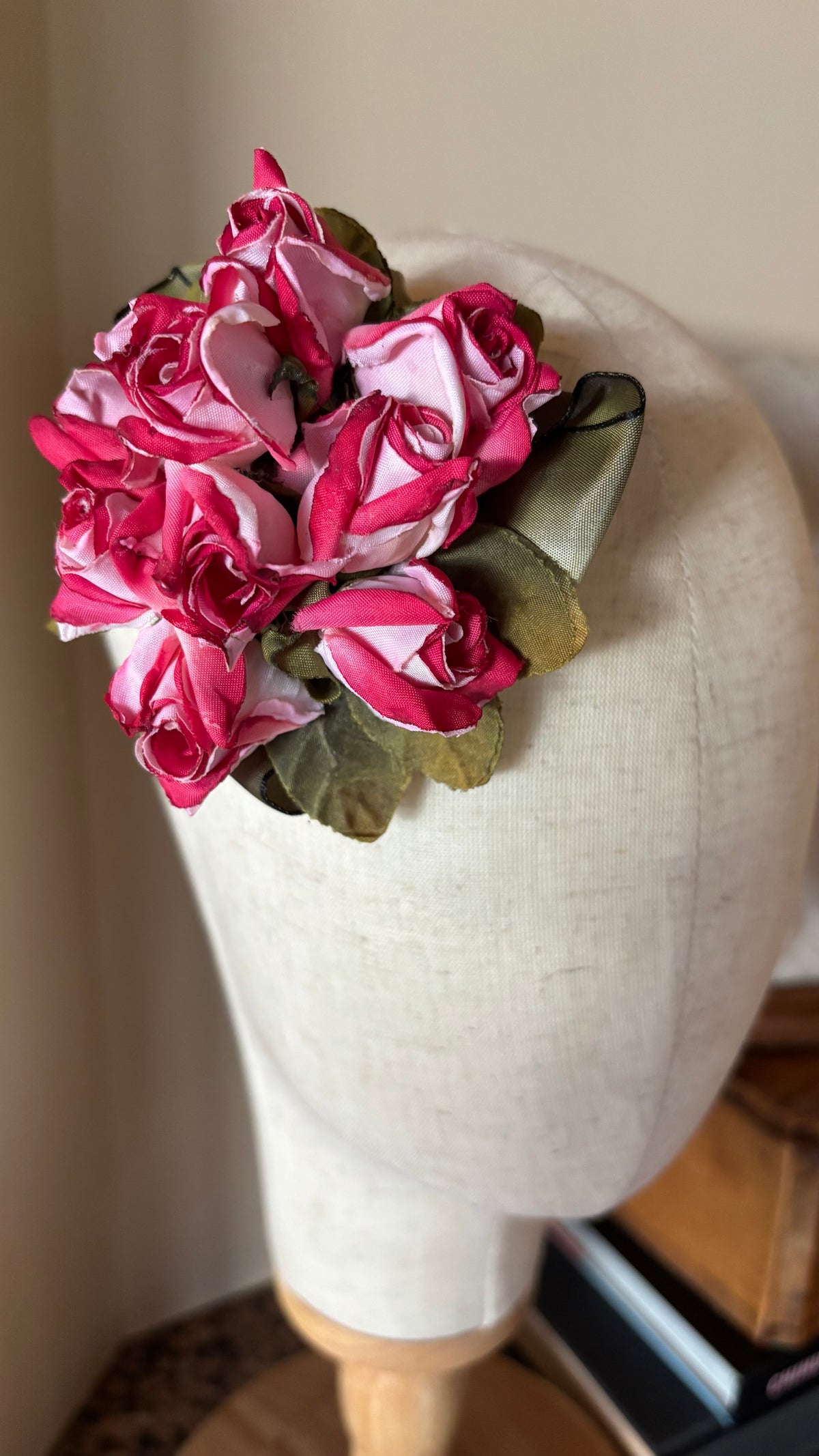 Mary Ellen Pink & White Rosebuds Brooch & Clip, 4"