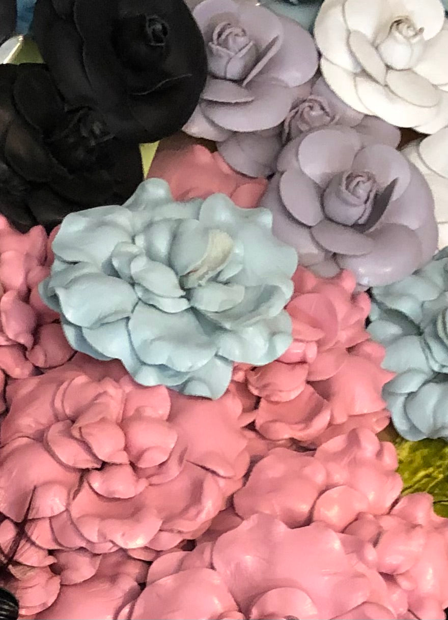 Karin's Garden 4" Pink Leather Camellia Flower Pin and Clip. Made in the USA. Limited edition.