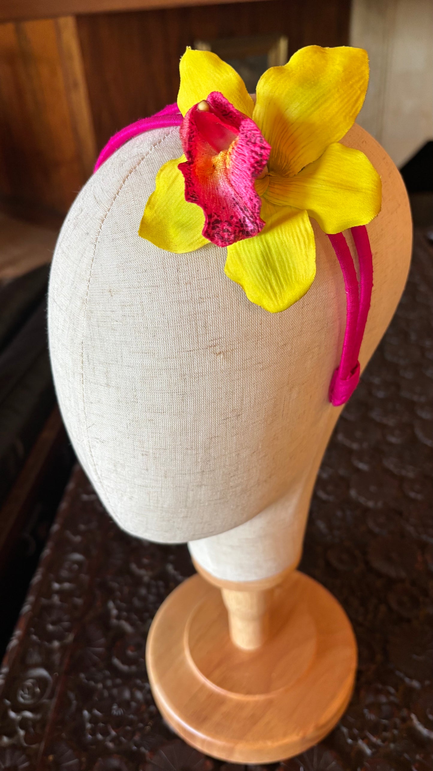 Chloe Fuchsia Silk Double Skinny Headband with Vanda Orchid