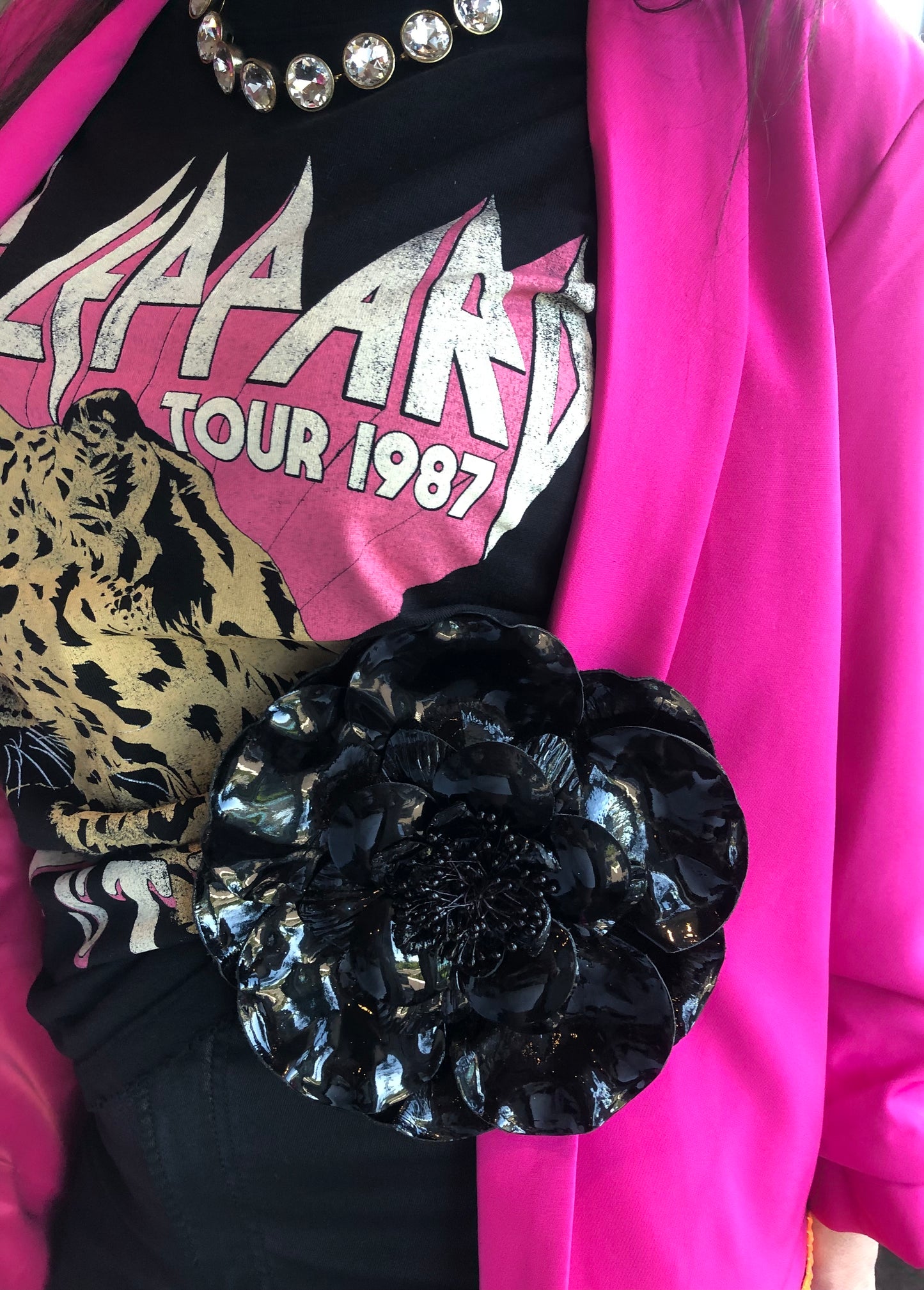 Karin’s Garden 10” Patent Leather Black Cabbage Rose Pin or Clip onto clothing, handbag, etc