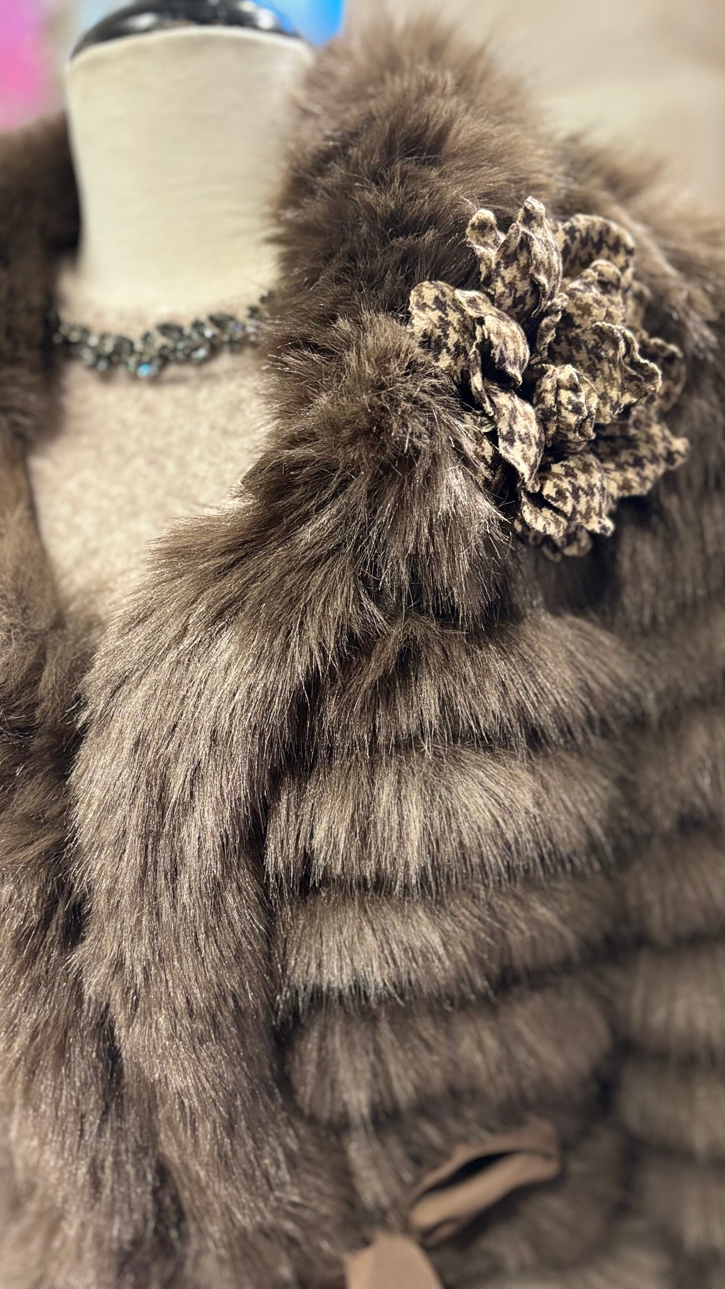 "Elspeth" Shades of Brown 4" Wool Plaid Classic Gardenia Brooch & Clip Duo. 100% Wool. Made with Love in the USA.