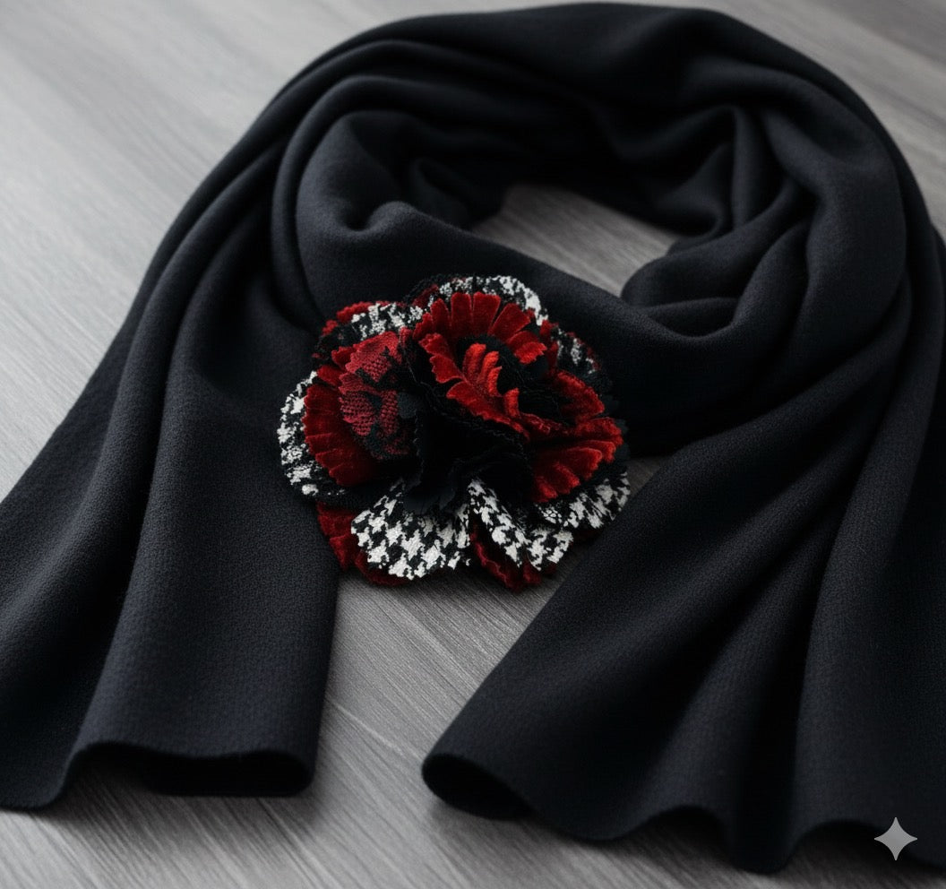 Brooke Red, White & Black Houndstooth & Lace Flower Pin & Clip, 3"