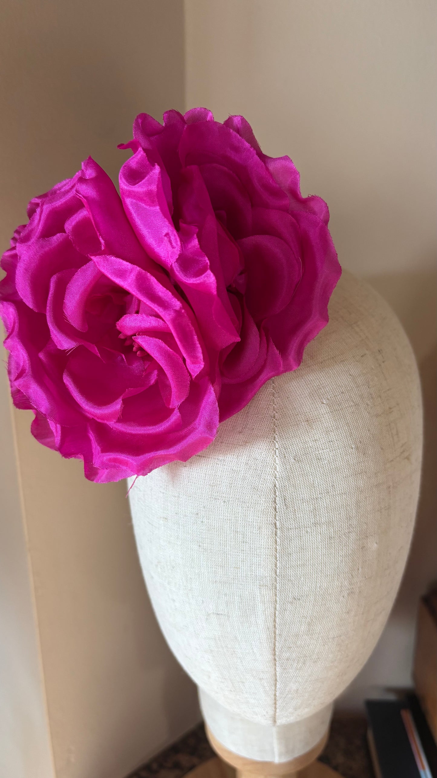 "Bianca" 4.5" Petal Pink Double Rose Silk Brooch and Clip. Pin or Clip onto dress, into hair, onto handbag, hats, on a dress and more.