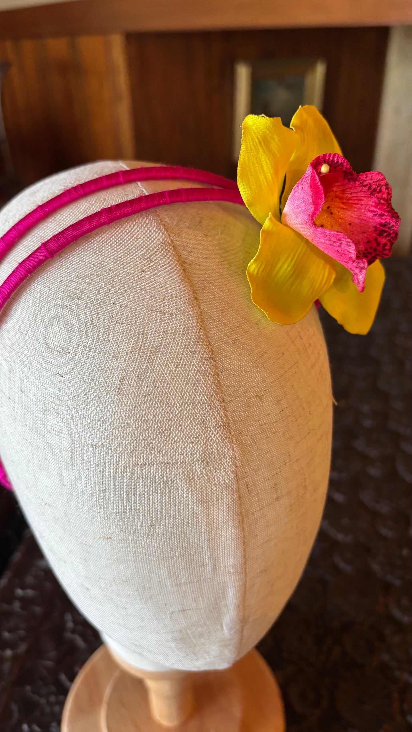 Chloe Fuchsia Silk Double Skinny Headband with Vanda Orchid