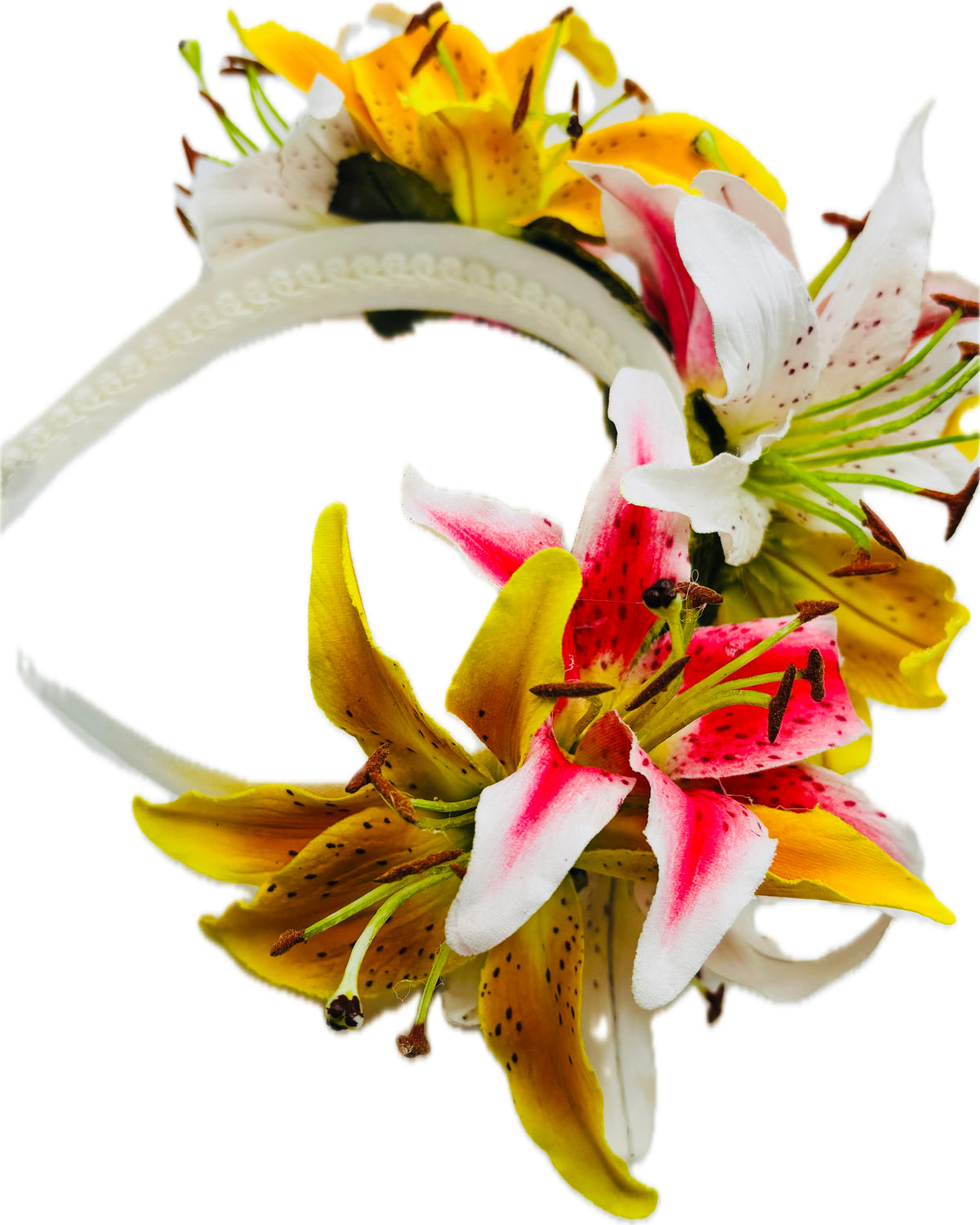 Martha Pink, White & Yellow Tiger Lily Crown Headband, 1"