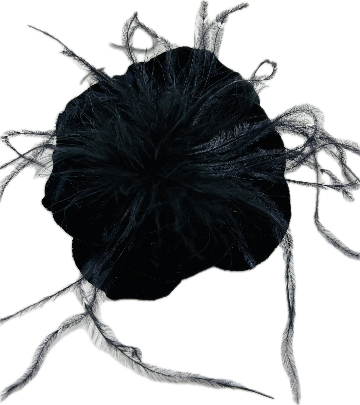 Kitty Black Velvet & Ostrich Flower Pin & Clip, 4"