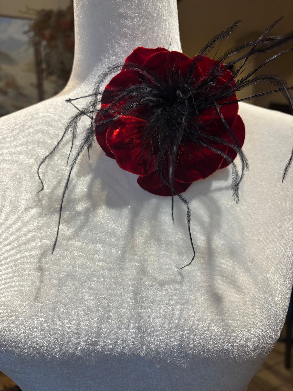 Kitty Burgundy Velvet & Ostrich Flower Pin & Clip, 4"
