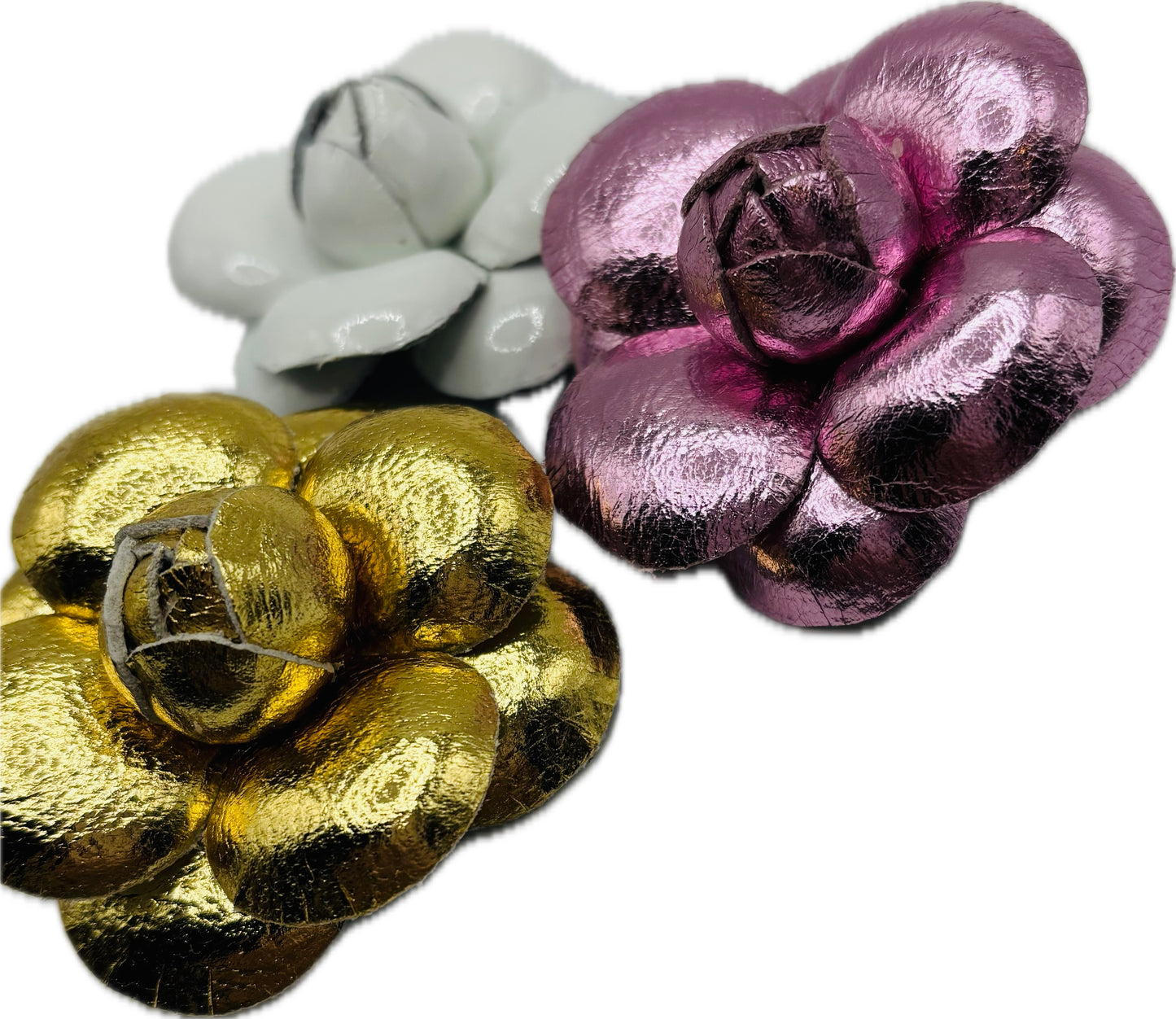 Susie Gold Metallic Leather Camellia Clip, 2"