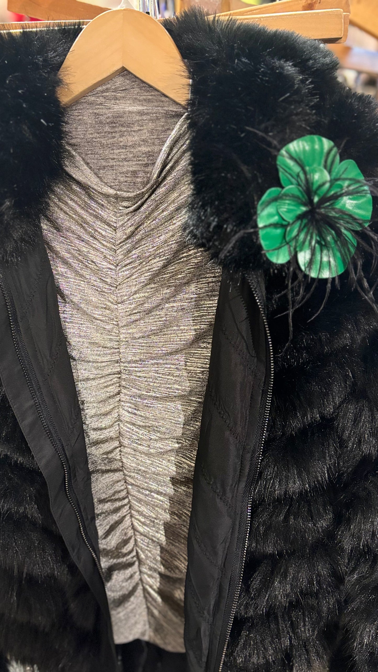 "Min" Leather Camellia & Ostrich Green Brooch Clip. 4" Clip or Pin to Scarf, Into Hair, on lapel, dress, hat and more. Handmade in the USA.