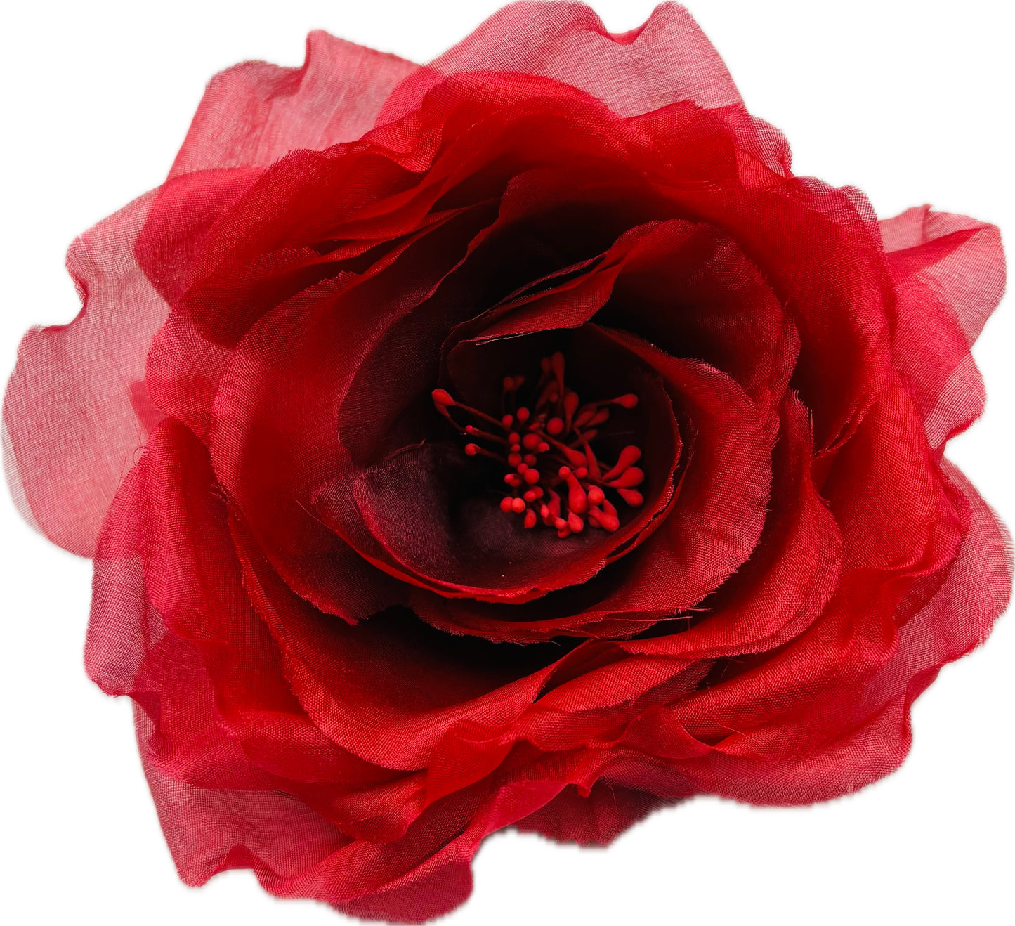 Desiree Red Silk Chiffon Layered Rose Pin & Clip, 4"
