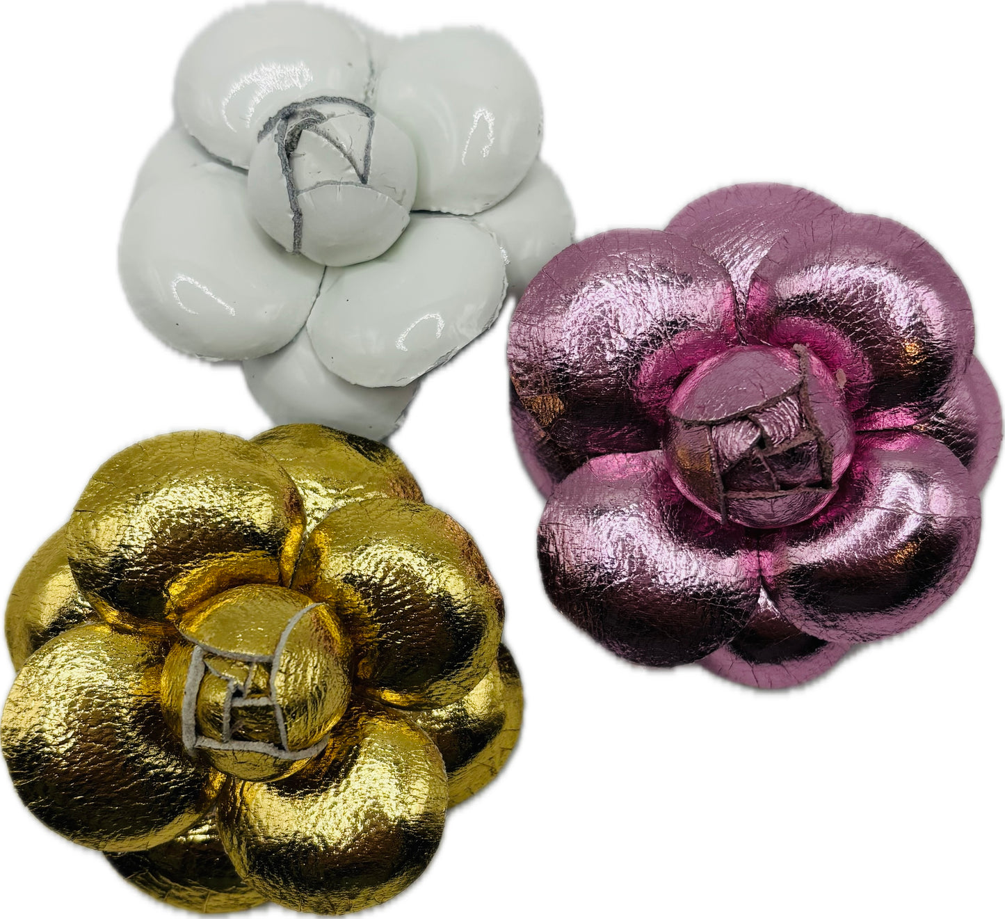 Susie Gold Metallic Leather Camellia Clip, 2"