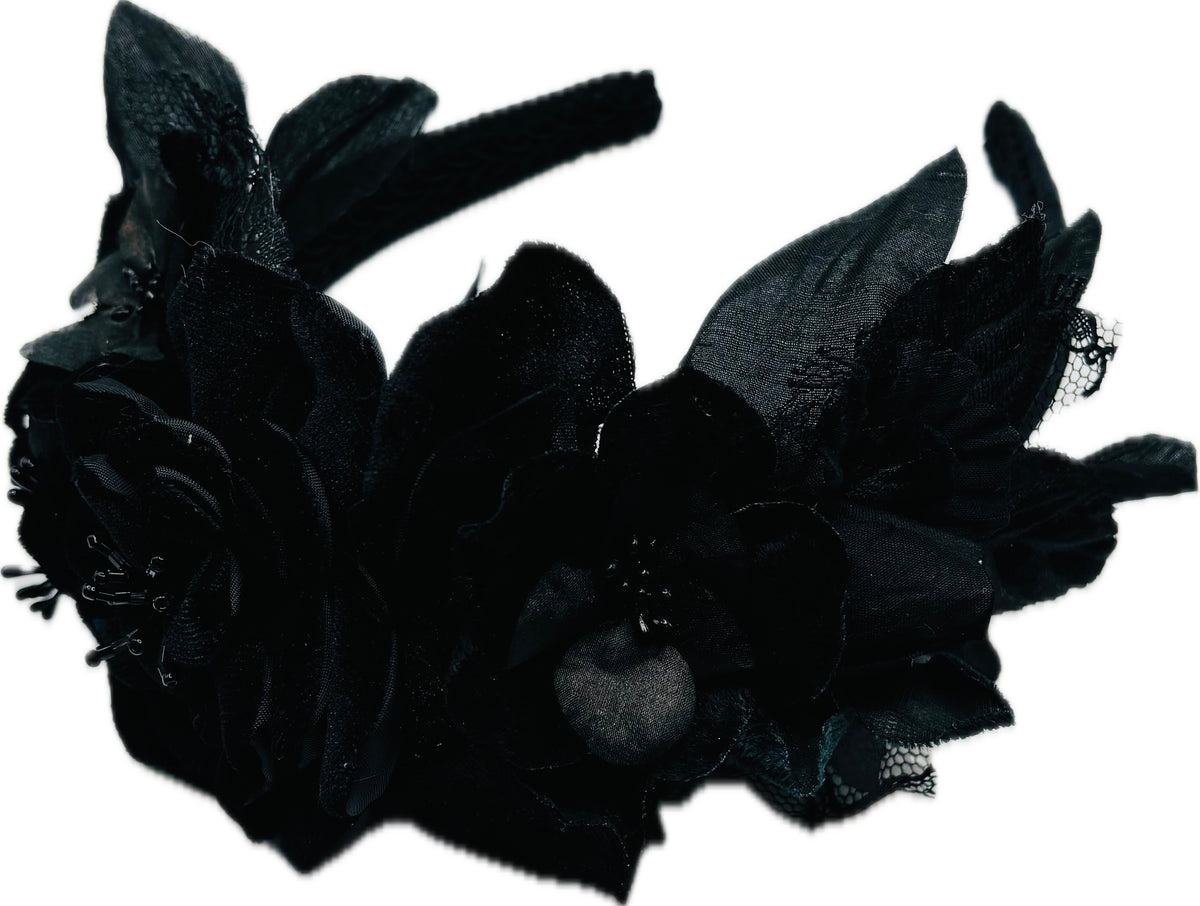 Night Fall Black Blooms Headband, 1" – One of a Kind