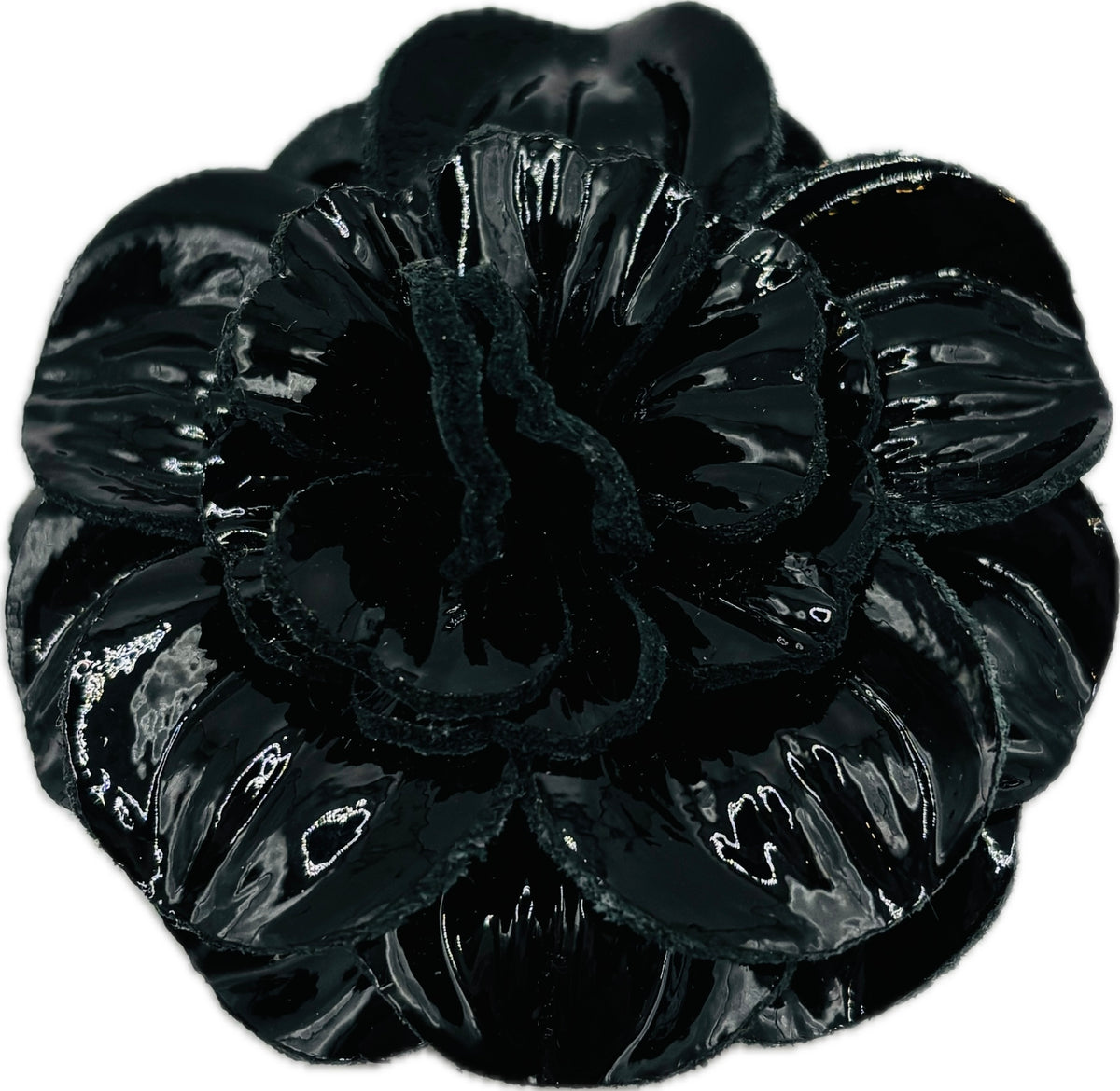 Roxi Black Patent Leather Flower Brooch & Clip, 2.25"