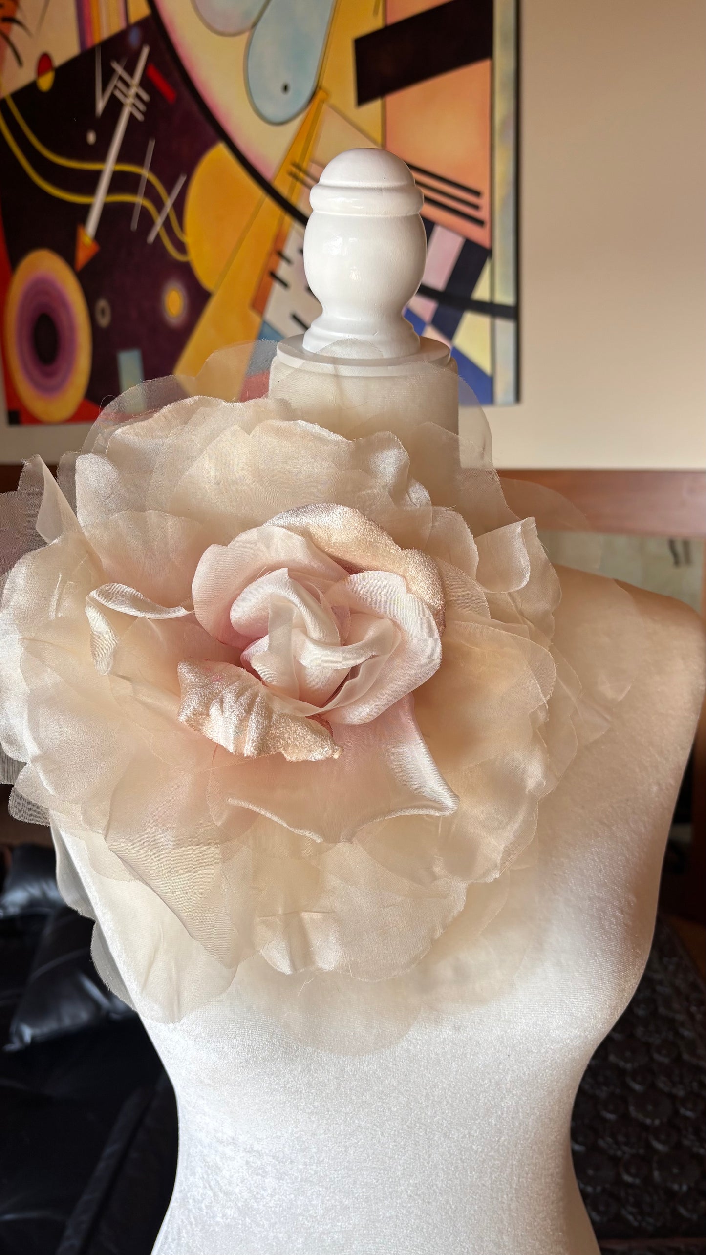 Ariana Ivory & Pink Silk & Velvet Organza Rose Pin & Clip, 10"