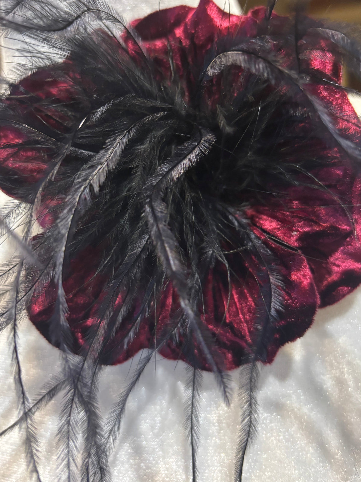 Kitty Burgundy Velvet & Ostrich Flower Pin & Clip, 4"