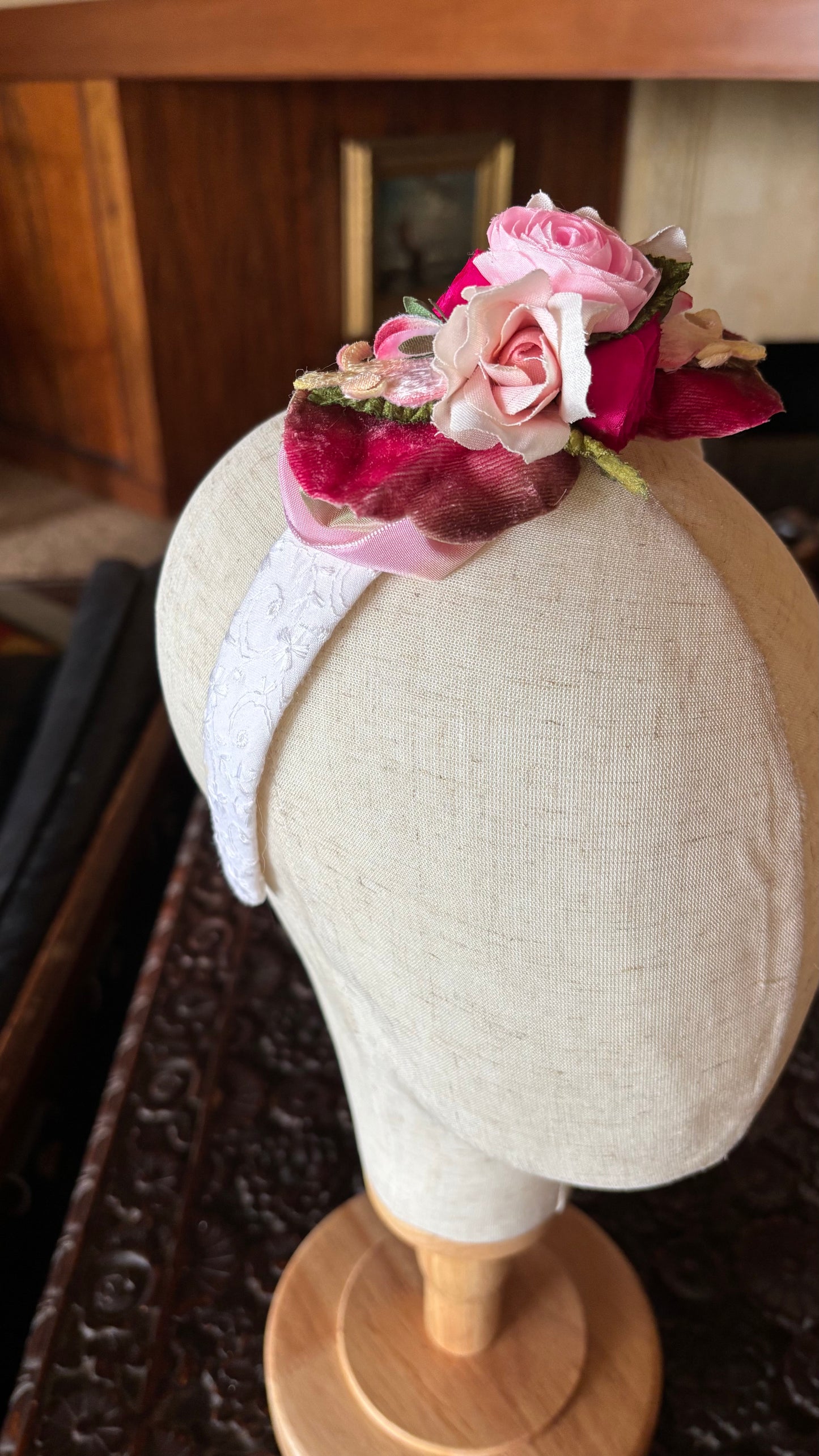 Cordelia One-of-a-Kind Pink & White Embroidered Headband, 1"