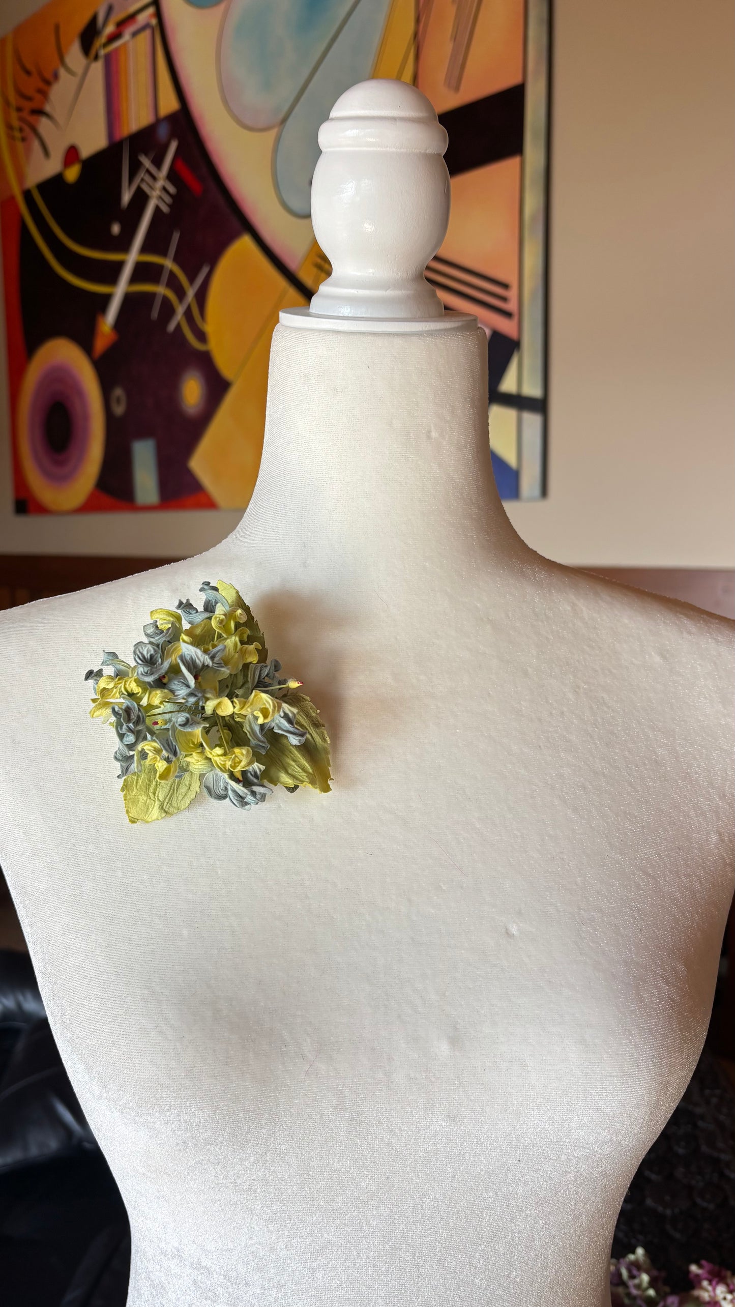 Ivy Turquoise & Yellow Hydrangea Brooch, 4"
